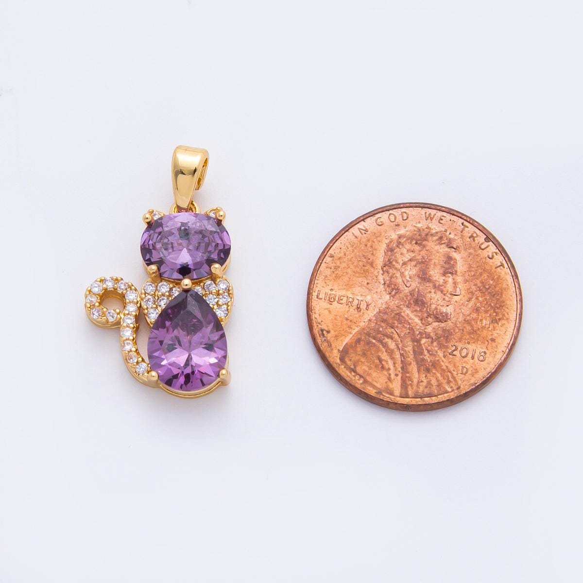18k Gold Filled Cat Pendant Pink and Purple CZ Stone Charm Cute Animal Jewelry Supplies for DIY Necklace Making AF1122