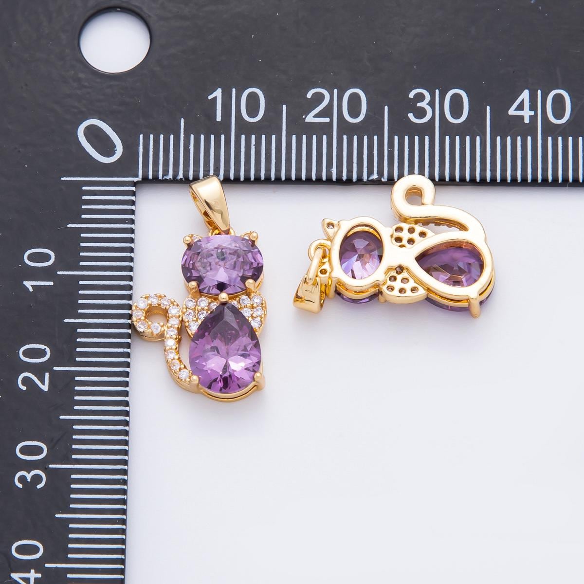 18k Gold Filled Cat Pendant Pink and Purple CZ Stone Charm Cute Animal Jewelry Supplies for DIY Necklace Making AF1122