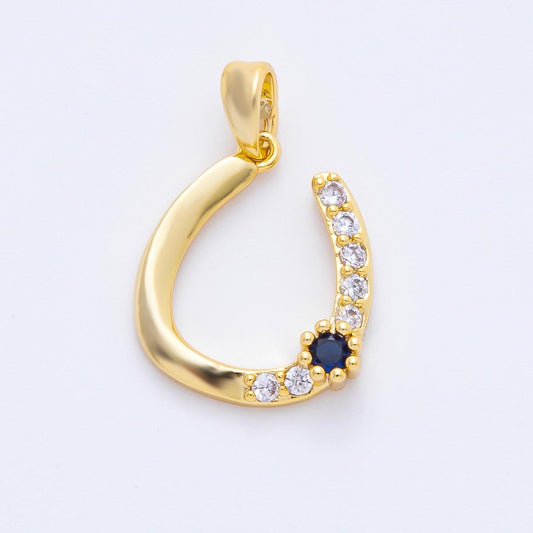 18k Gold Filled Horseshoe Pendant Blue CZ Stone Charm Cute Lucky Jewelry Supplies for DIY Necklace Making AF-1123