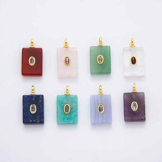 18K Gold Filled Natural Stone Tile Pendant Rectangle Gemstone Charm Bracelet Necklace for DIY Jewelry Making Supply Birthstone Jewelry N-742
