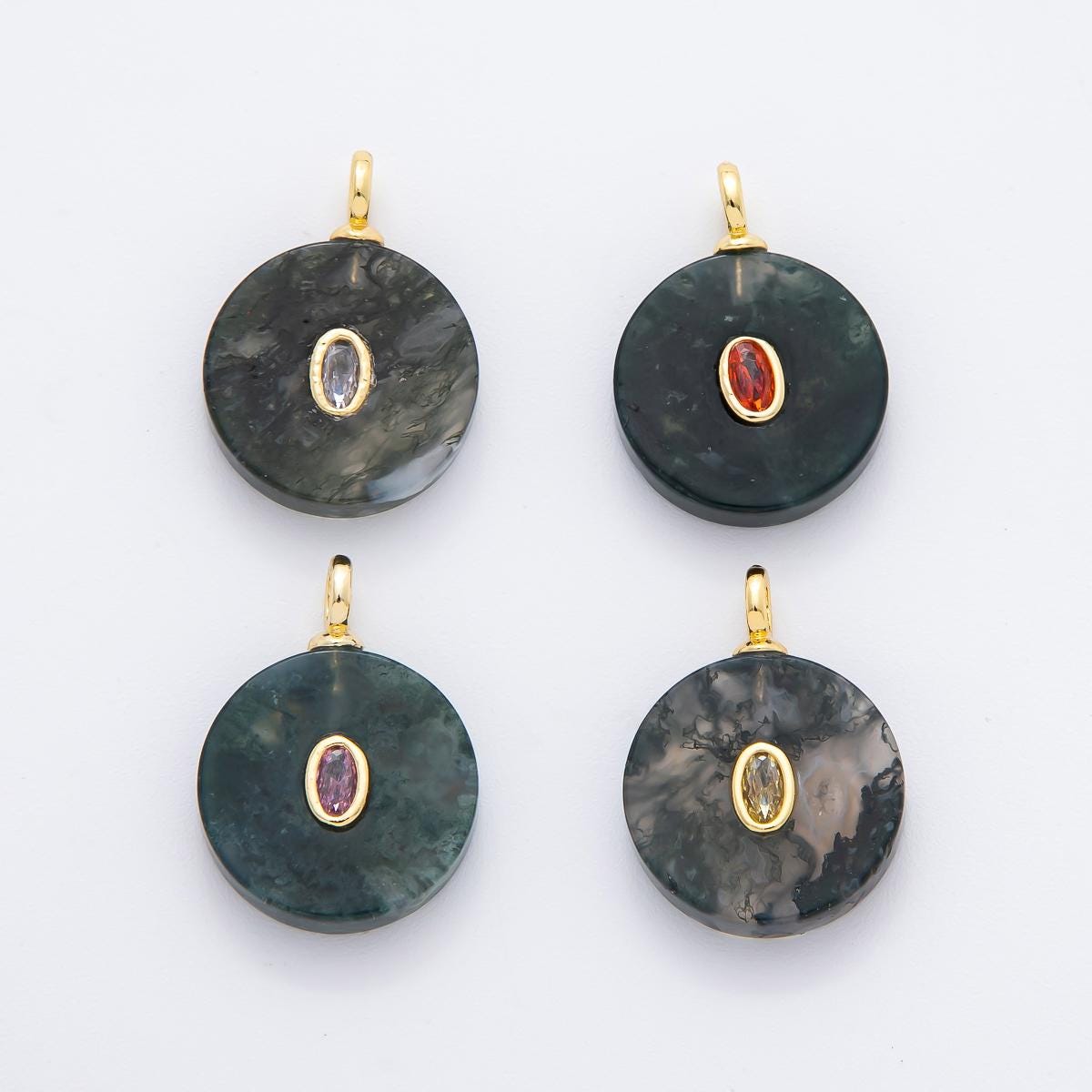 Round Coin Gemstone Charm For Jewelry Making Necklace 18k Gold Filled Green Marble Aquatic Agate Charm for Necklace Pendant N-996