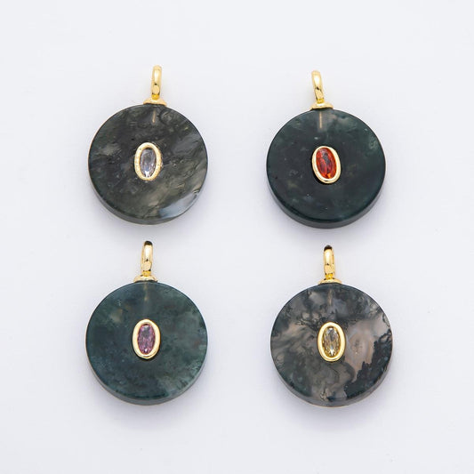 Round Coin Gemstone Charm For Jewelry Making Necklace 18k Gold Filled Green Marble Aquatic Agate Charm for Necklace Pendant N-996
