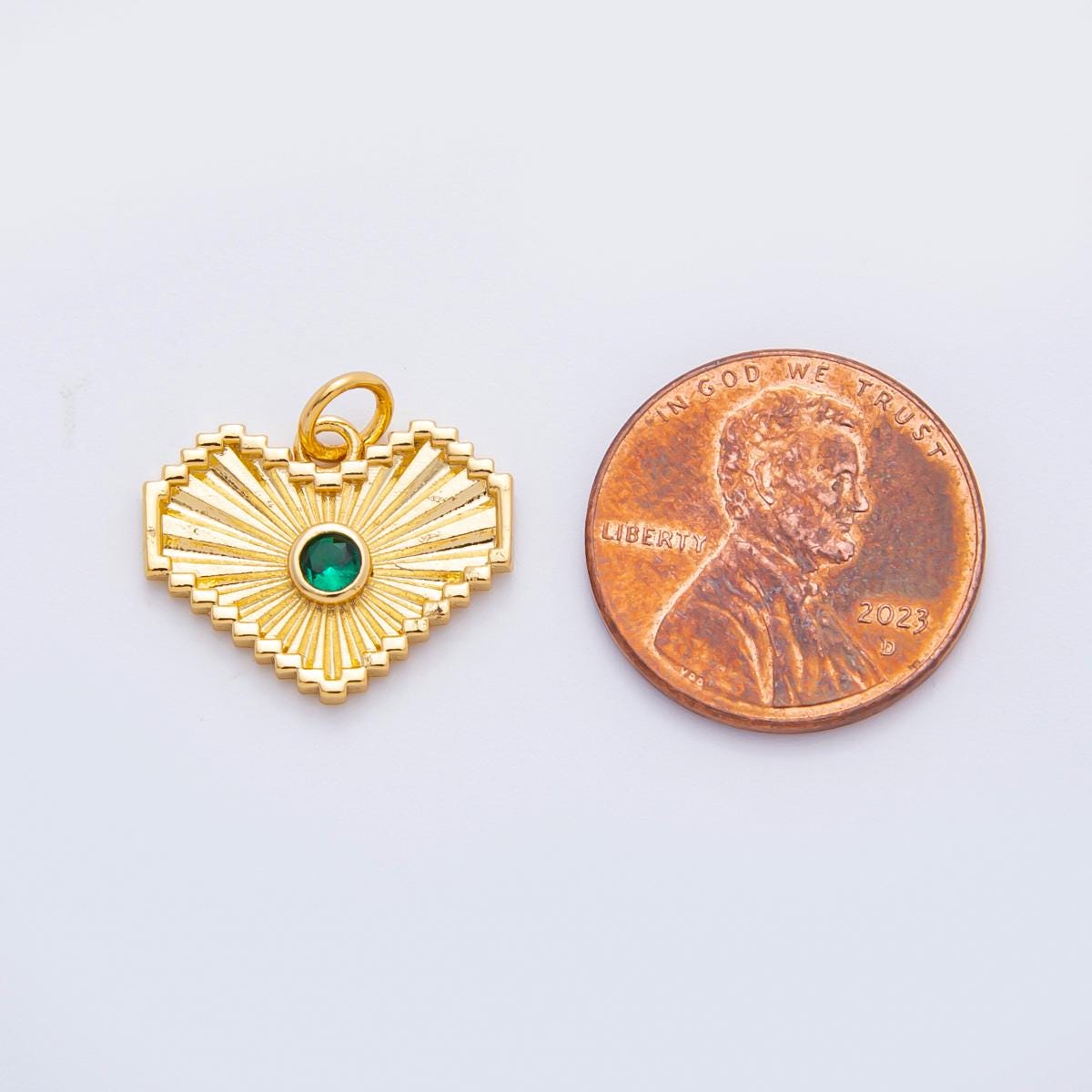 Gold Heart Pendant with Green CZ Mini Sunburst Charm, Art Deco Style Jewelry Making Supply for DIY Necklaces and Bracelets n-607