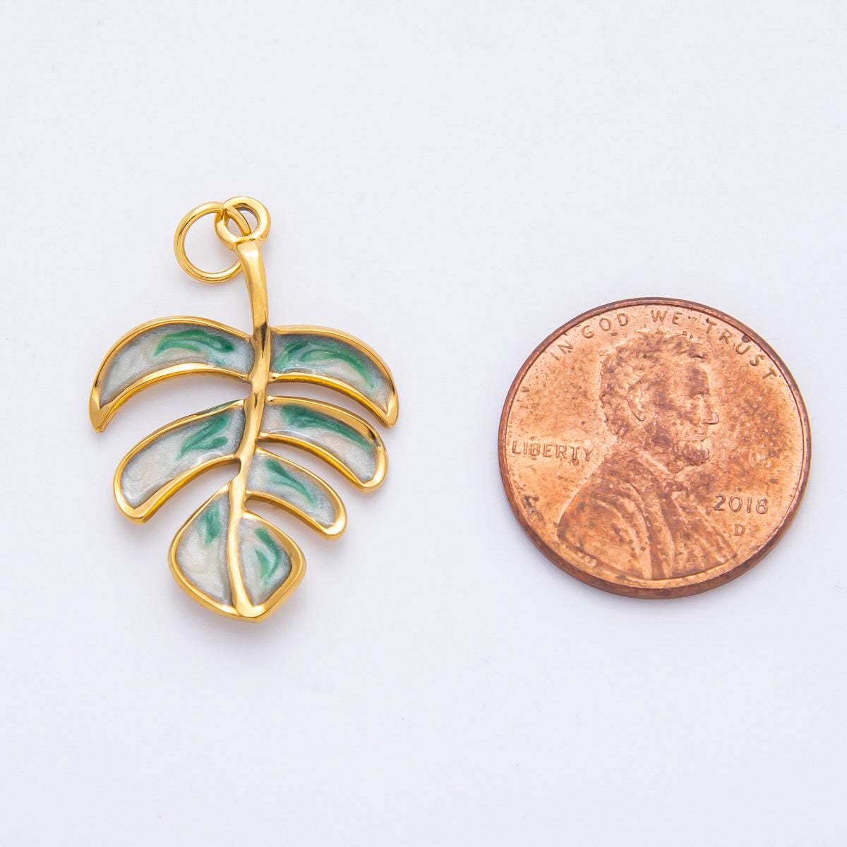 Dainty Green monstera plant leaf Charm 30mm PVD Gold nature charm | J-783