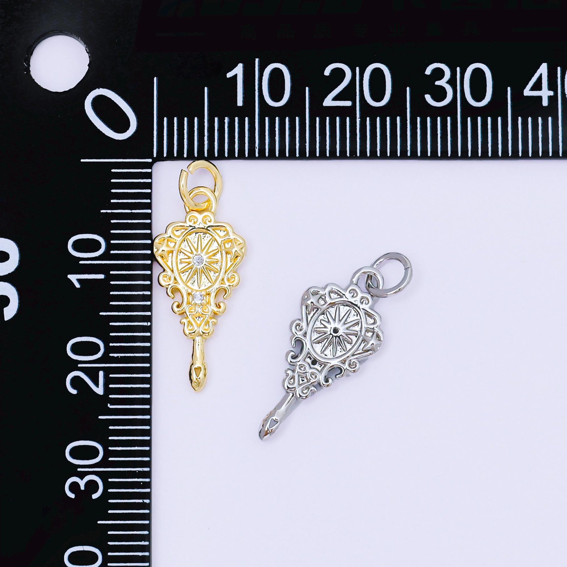 24K Gold Filled 20mm Twin Round CZ Hand Mirror Fantasy Charm in Gold & Silver | AF1252