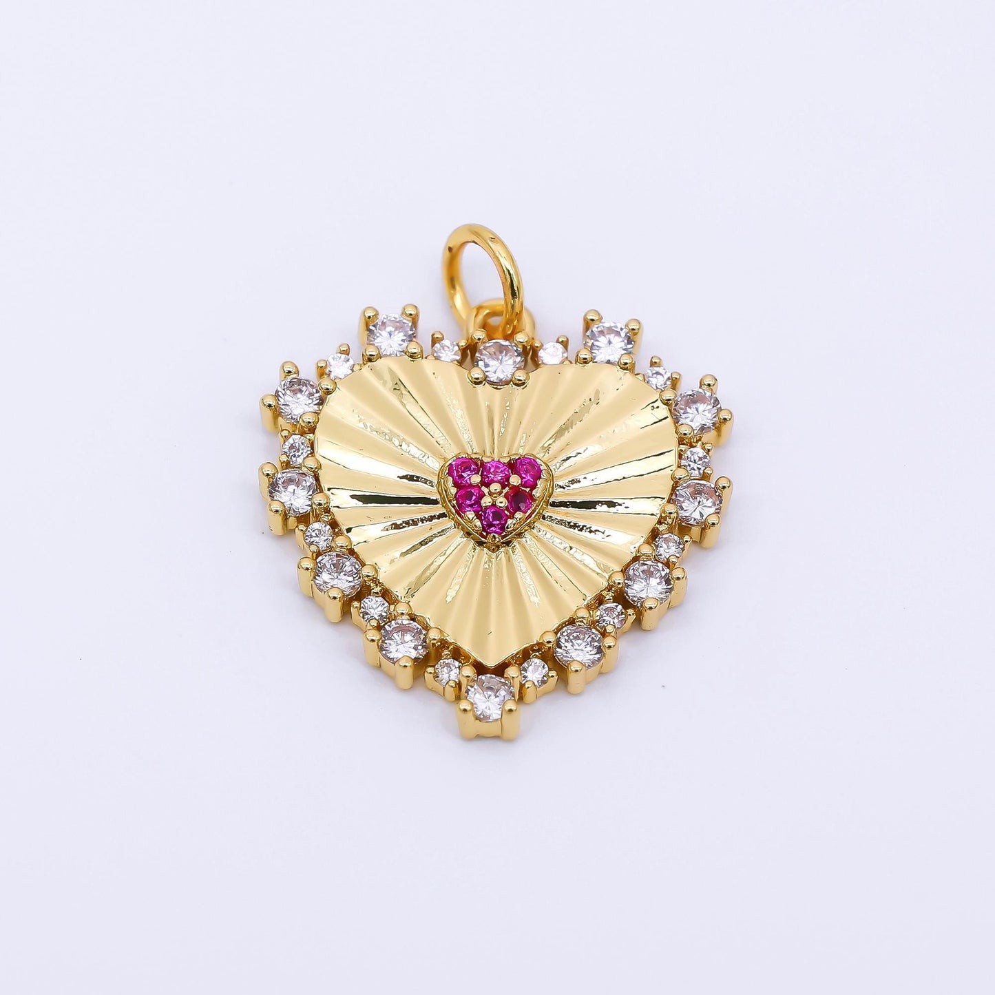 24K Gold Filled 20mm Clear & Fuchsia CZ Royal Heart Charm | AH-554