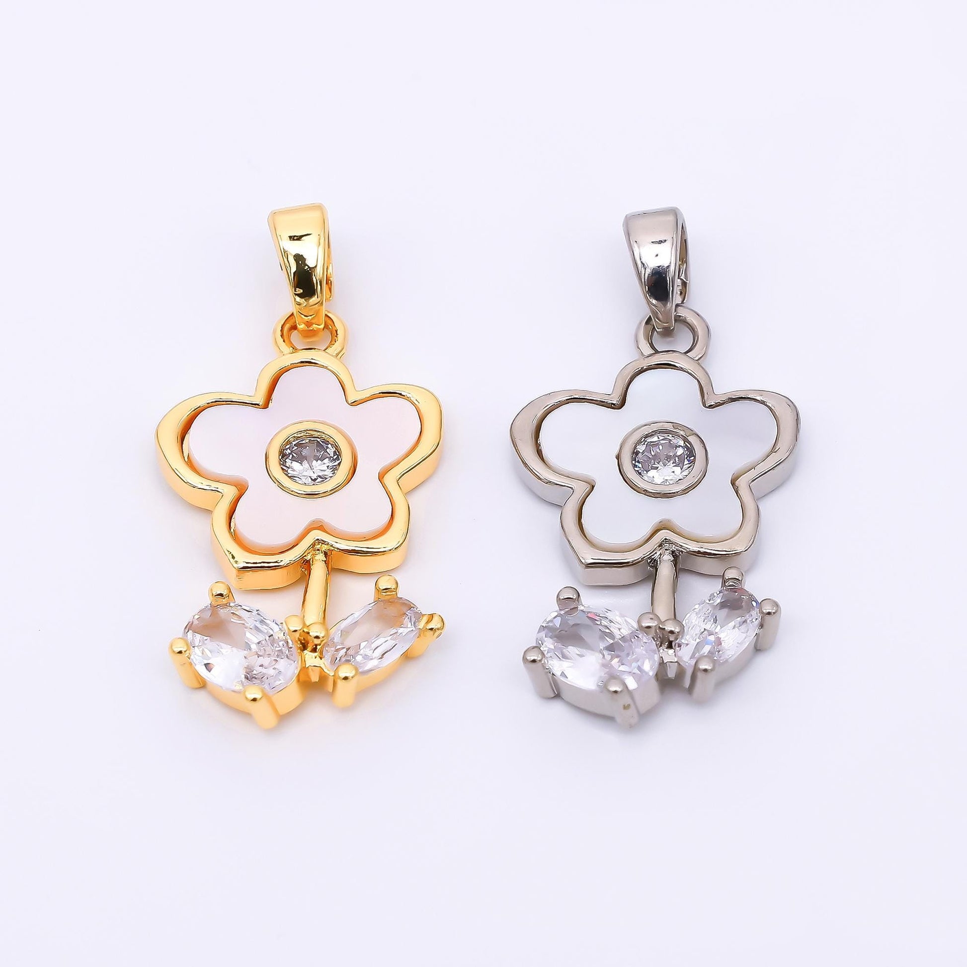 24K Gold Filled 21.5mm Oval Clear CZ Mother of Pearl Timeless Beauty Flower Pendant in Gold & Silver | AA-1571