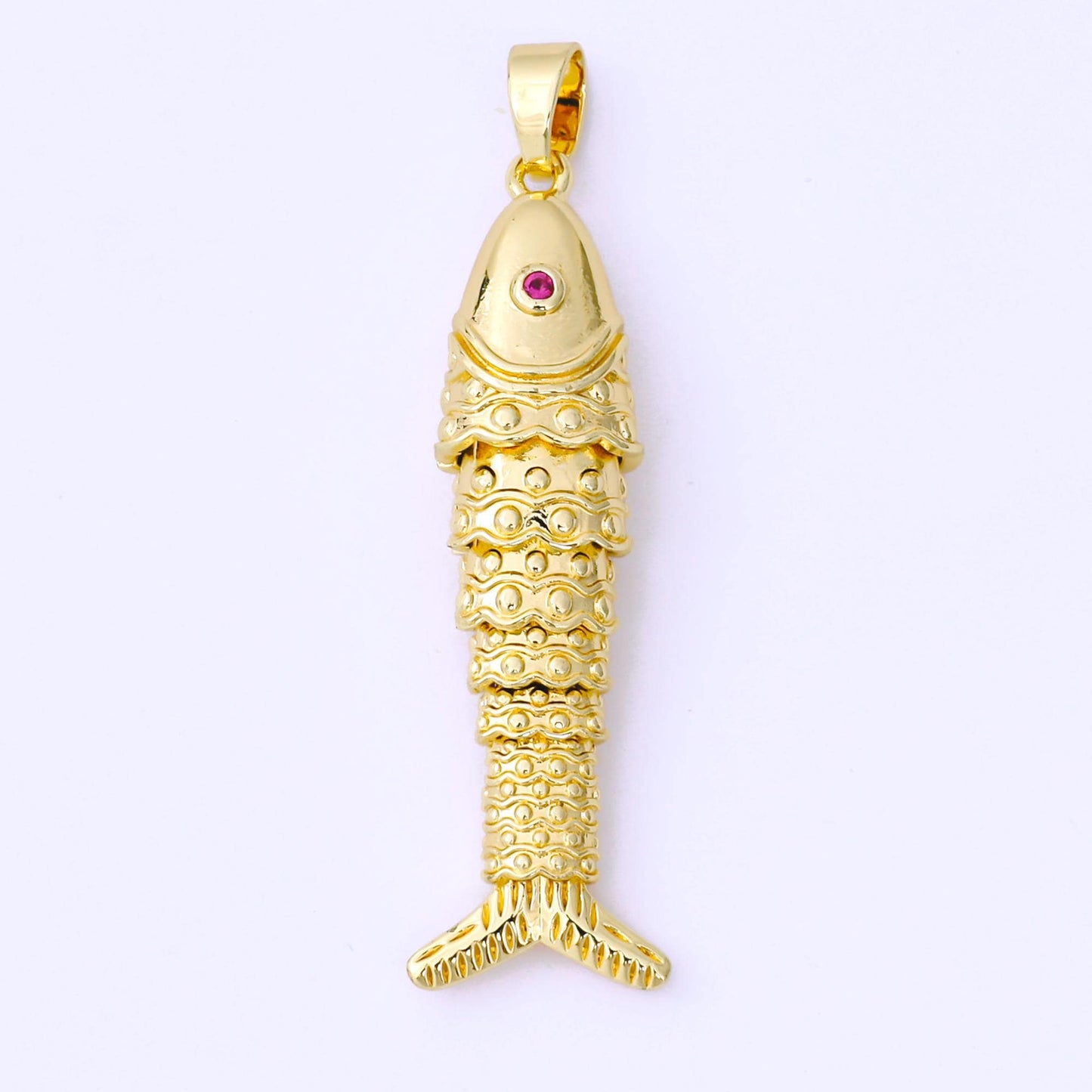 24K Gold Filled 43mm Fuchsia CZ Dotted Sardine Fish Multidimensional Charm in Gold & Silver | AA1620