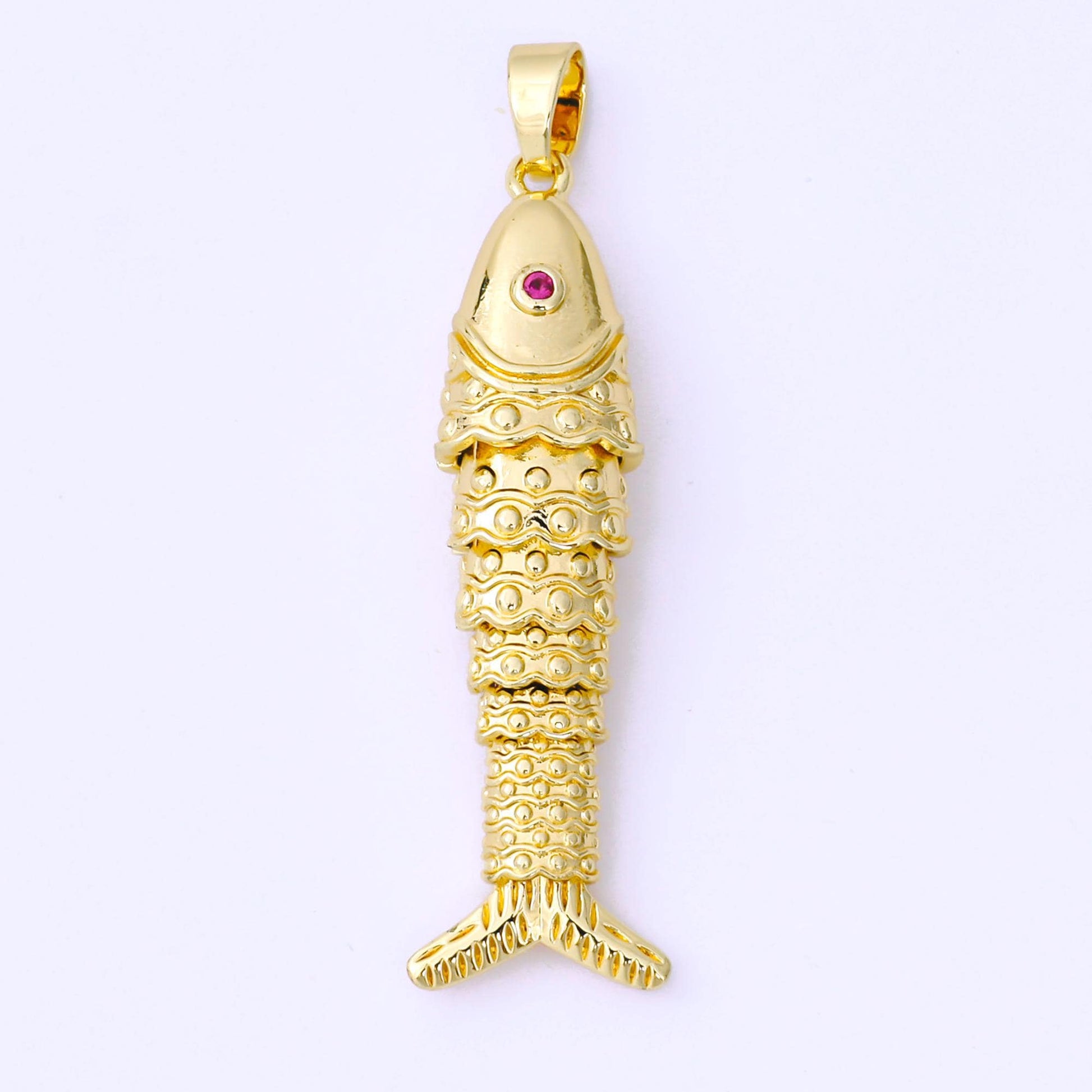 24K Gold Filled 43mm Fuchsia CZ Dotted Sardine Fish Multidimensional Charm in Gold & Silver | AA1620