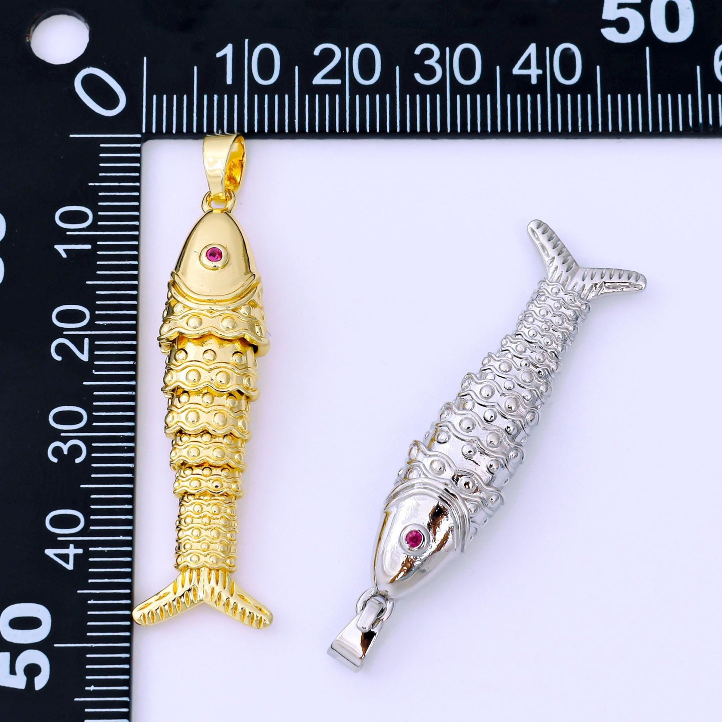 24K Gold Filled 43mm Fuchsia CZ Dotted Sardine Fish Multidimensional Charm in Gold & Silver | AA1620