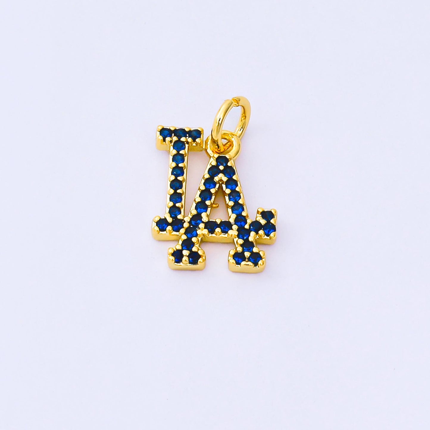 24K Gold Filled 13mm Royal Blue Micro Paved CZ Los Angeles Script "LA" Charm in Gold & Silver | AF1288