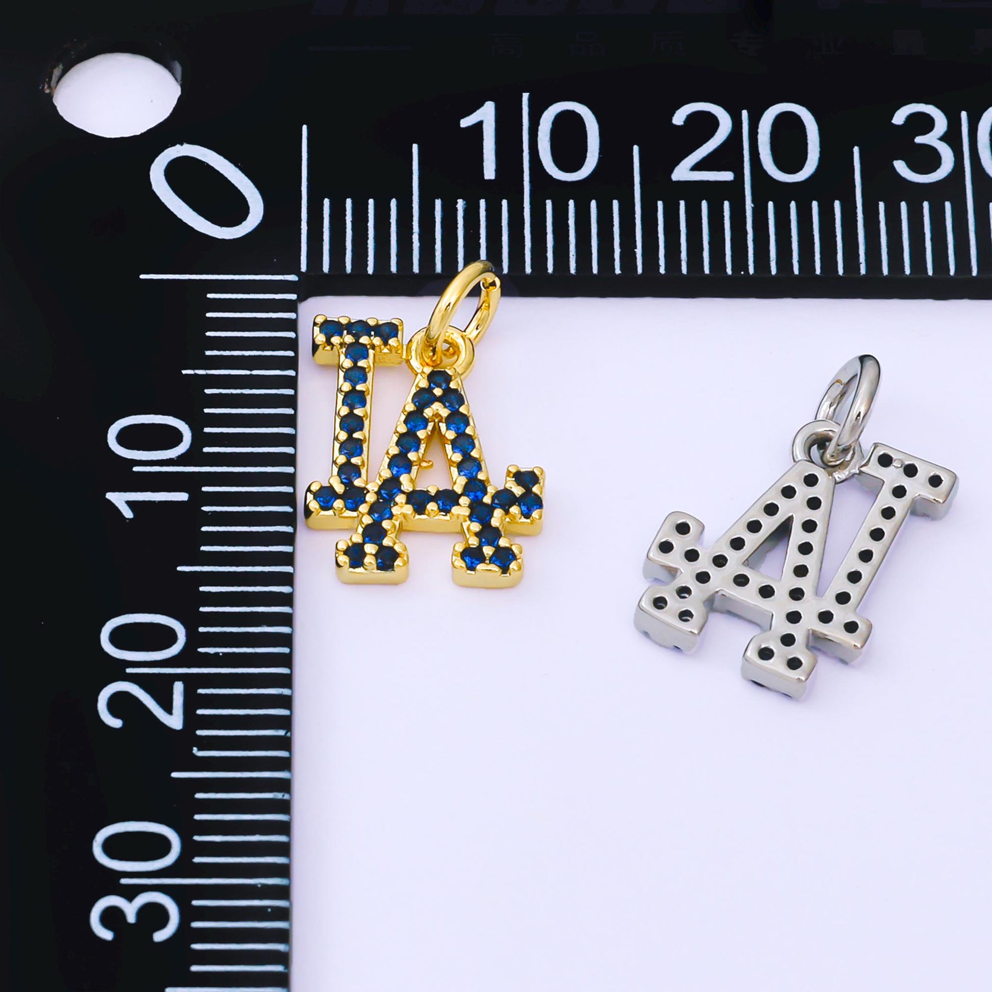 24K Gold Filled 13mm Royal Blue Micro Paved CZ Los Angeles Script "LA" Charm in Gold & Silver | AF1288