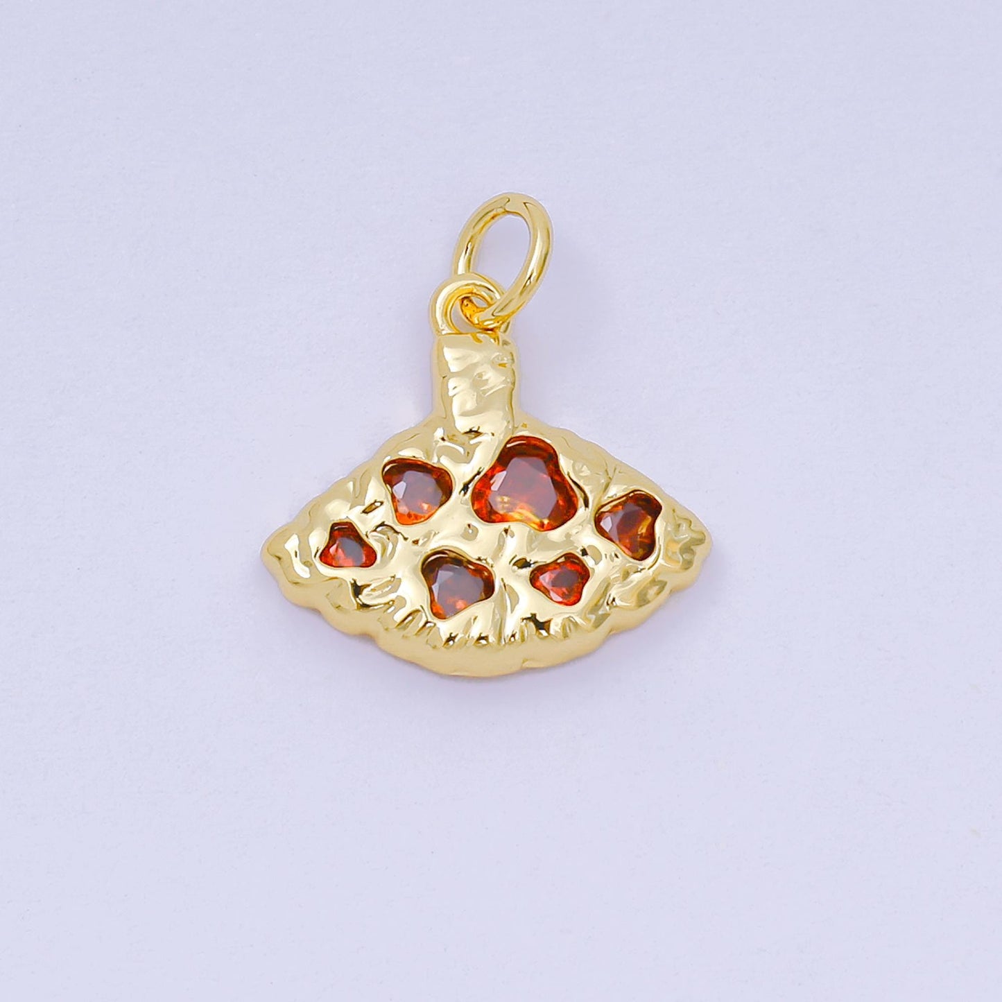 24K Gold Filled 14mm Red CZ Pizza Slice Scallop Hammered Geometric Charm | AH-679