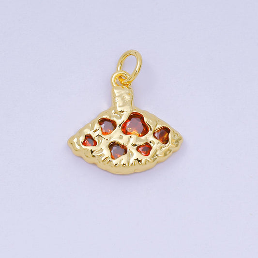 24K Gold Filled 14mm Red CZ Pizza Slice Scallop Hammered Geometric Charm | AH-679