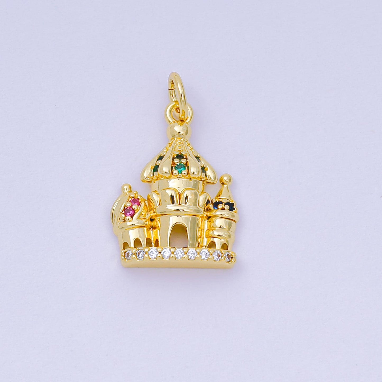 24K Gold Filled 17mm Pink, Green, & Blue Multicolor CZ Luxe Dreamy Castle House Charm | AH-680