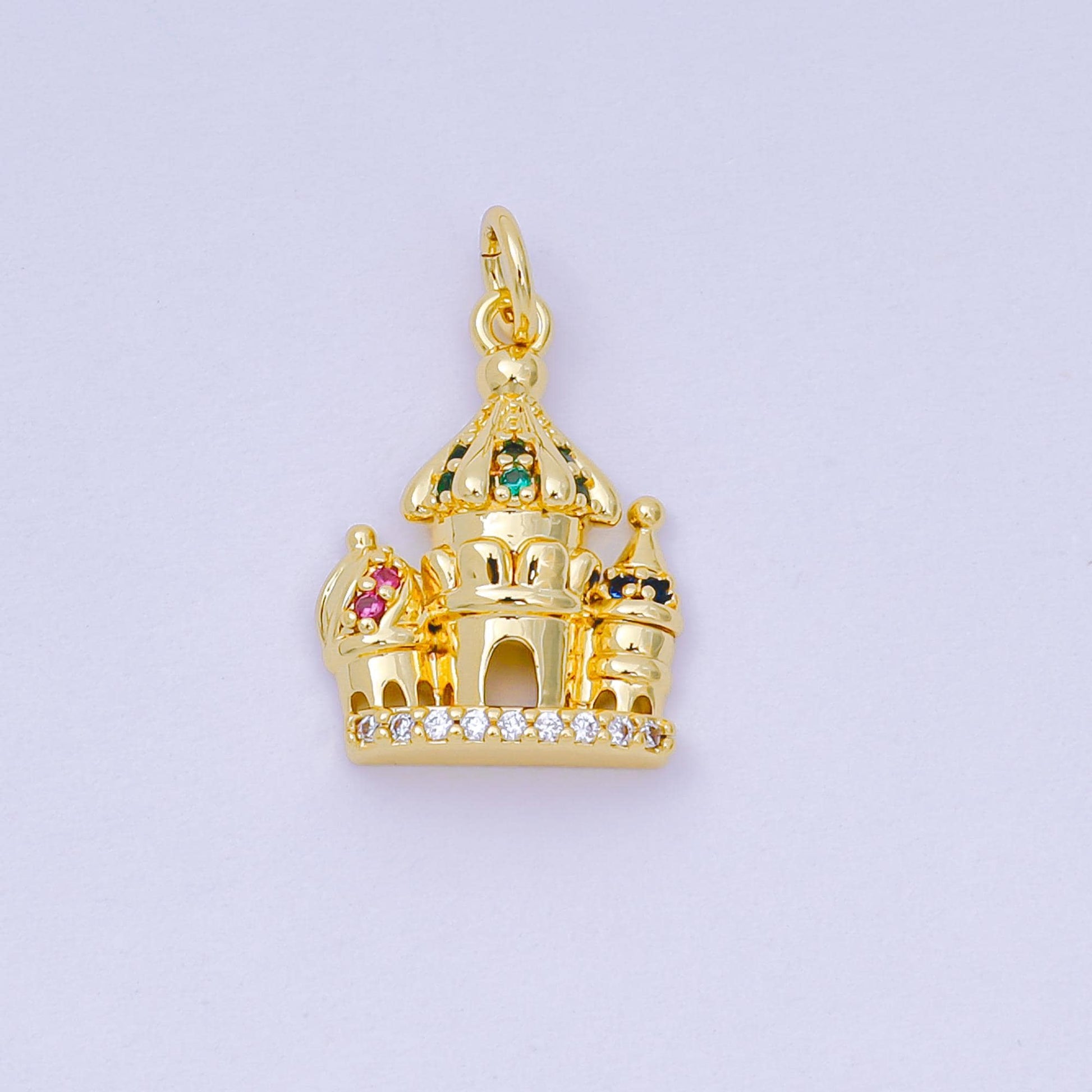 24K Gold Filled 17mm Pink, Green, & Blue Multicolor CZ Luxe Dreamy Castle House Charm | AH-680