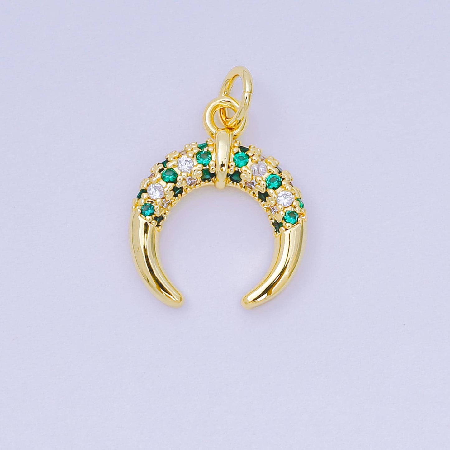 24K Gold Filled 15mm Green & Clear Micro Paved CZ Crescent Celestial Moon Charm | AH-682