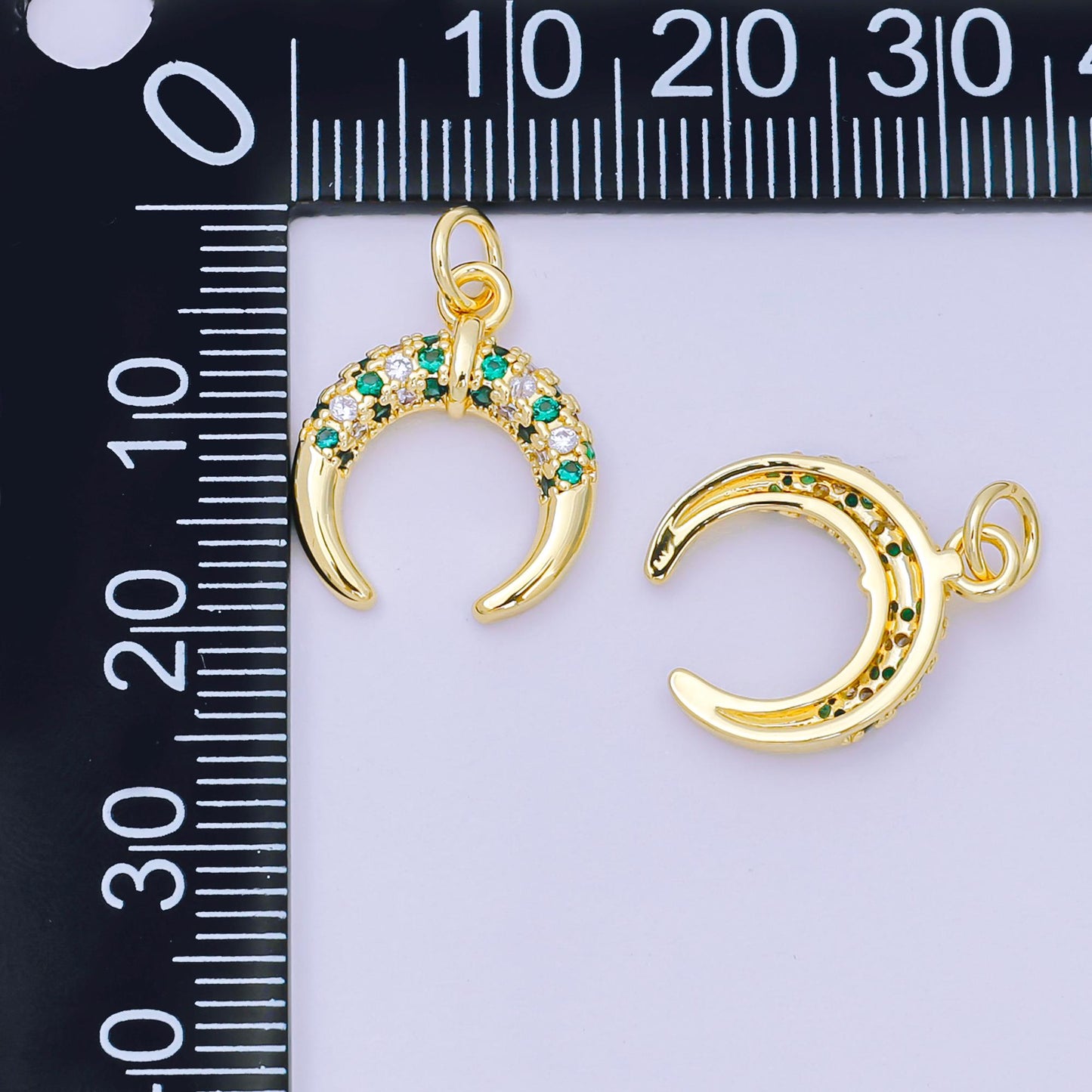 24K Gold Filled 15mm Green & Clear Micro Paved CZ Crescent Celestial Moon Charm | AH-682