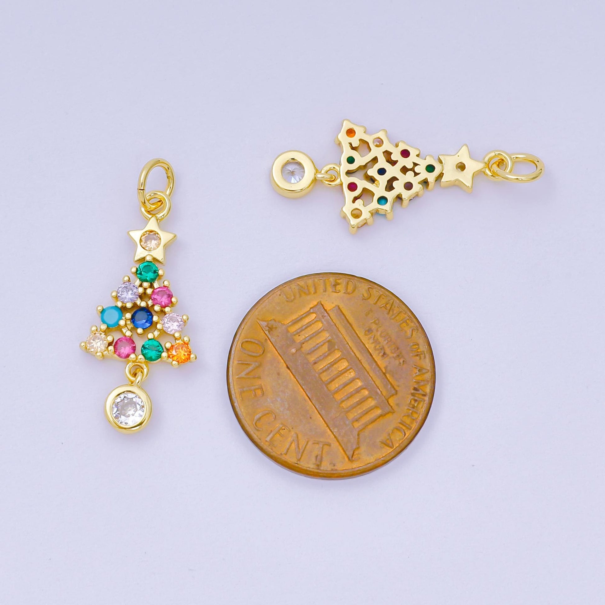24K Gold Filled 18mm Multicolor Micro Paved CZ Colorful Christmas Tree & Star Charm | D-100