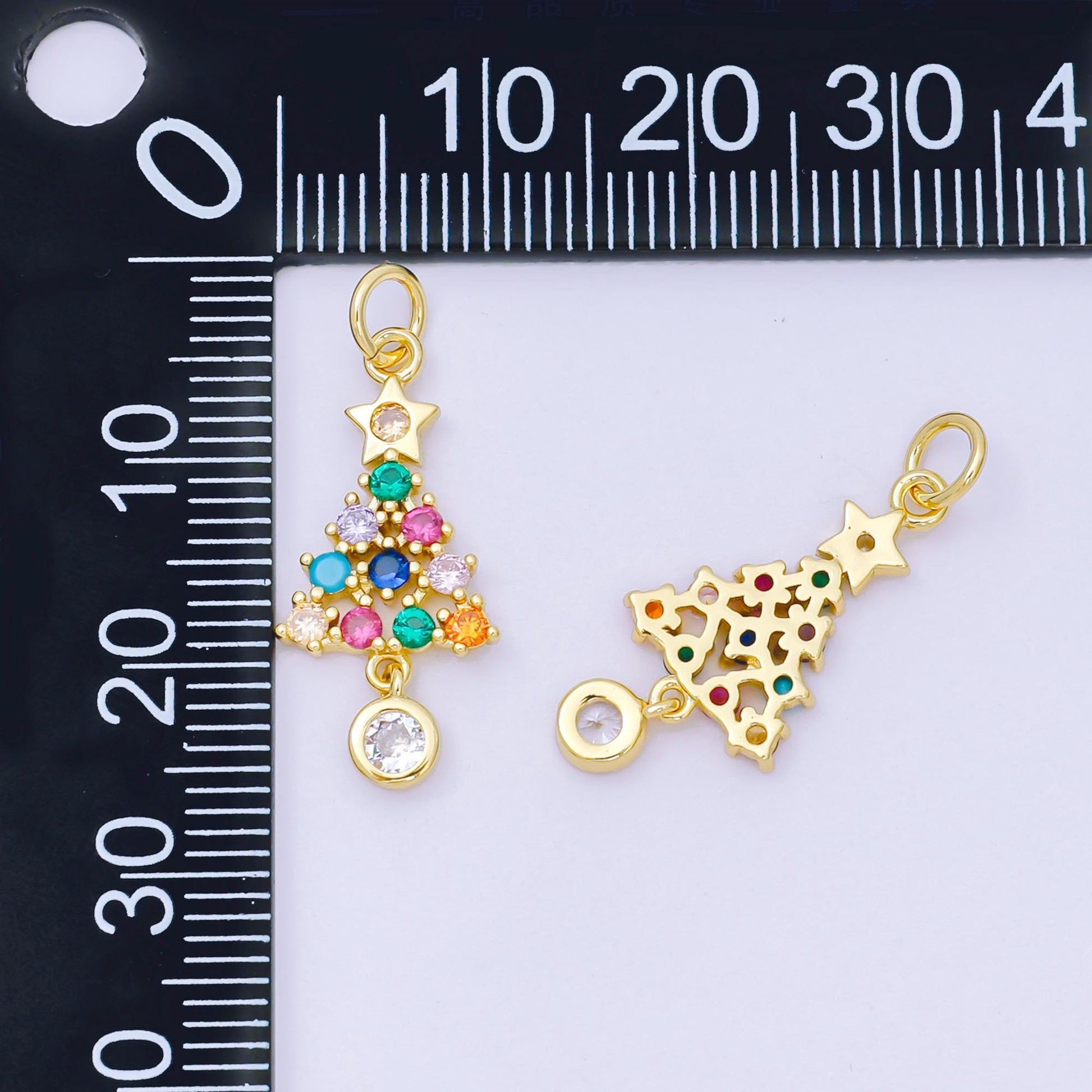 24K Gold Filled 18mm Multicolor Micro Paved CZ Colorful Christmas Tree & Star Charm | D-100