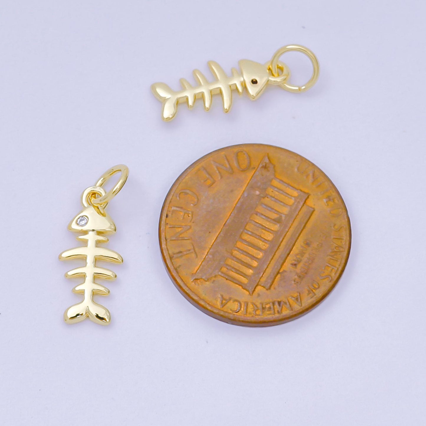 24K Gold Filled 14mm Round CZ Fishbone Minimalist Charm | D-102