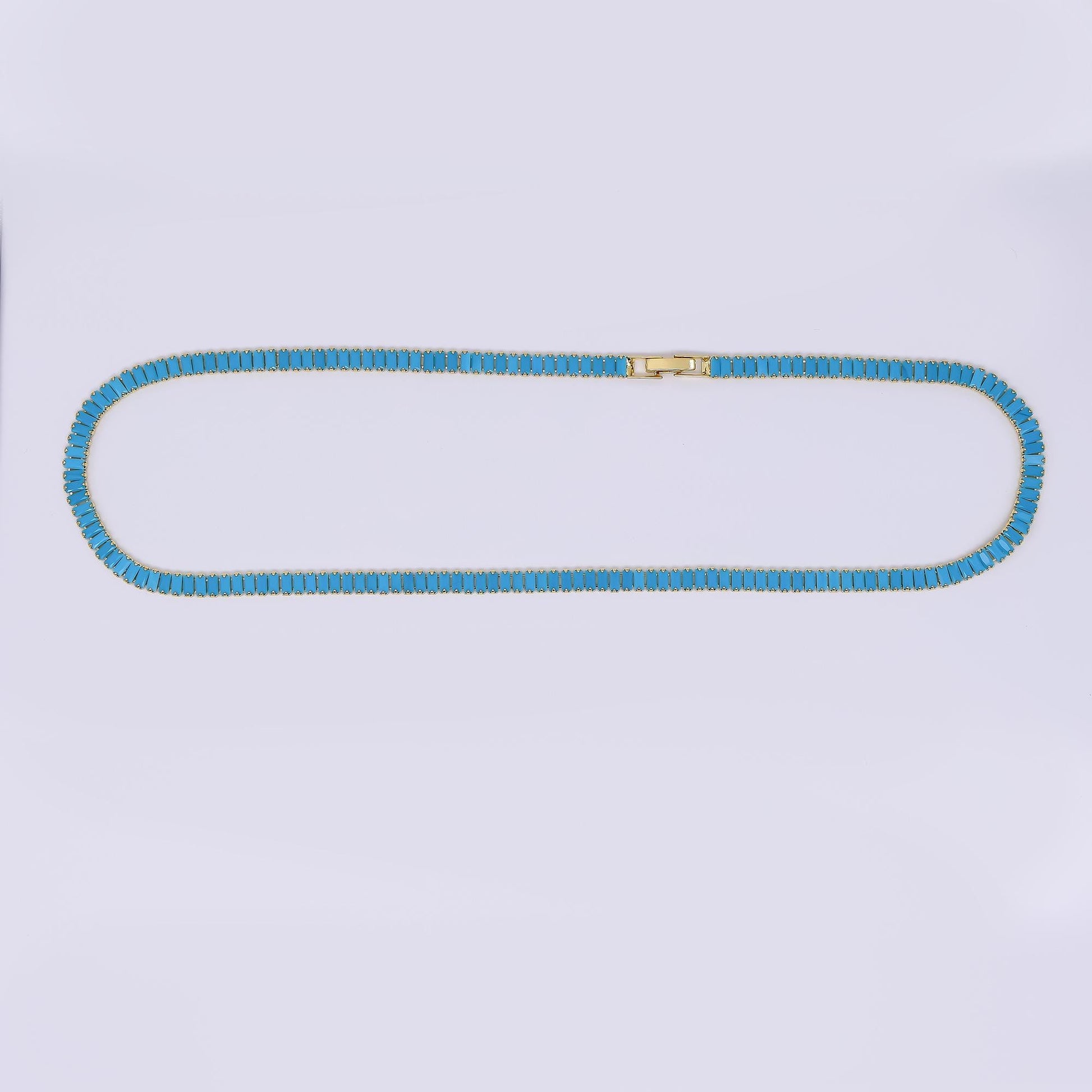 24K Gold Filled Turquoise Baguette CZ Box Clasp Tennis Necklace 17.71 Inch | WA-3801