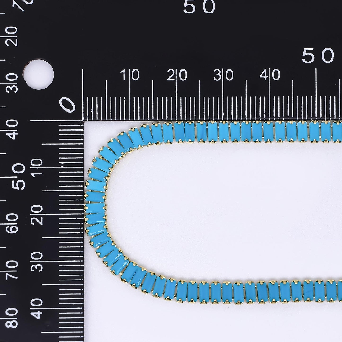 24K Gold Filled Turquoise Baguette CZ Box Clasp Tennis Necklace 17.71 Inch | WA-3801