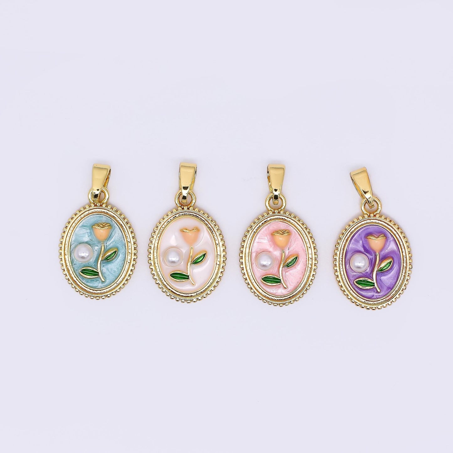 24K Gold Filled 12mm Enamel Art Shell Pearl Framed Vintage Style Flower Pendant in Blue, Pink, Purple & White | AH-506 AH-507