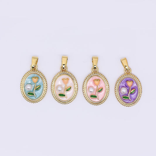24K Gold Filled 12mm Enamel Art Shell Pearl Framed Vintage Style Flower Pendant in Blue, Pink, Purple & White | AH-506 AH-507