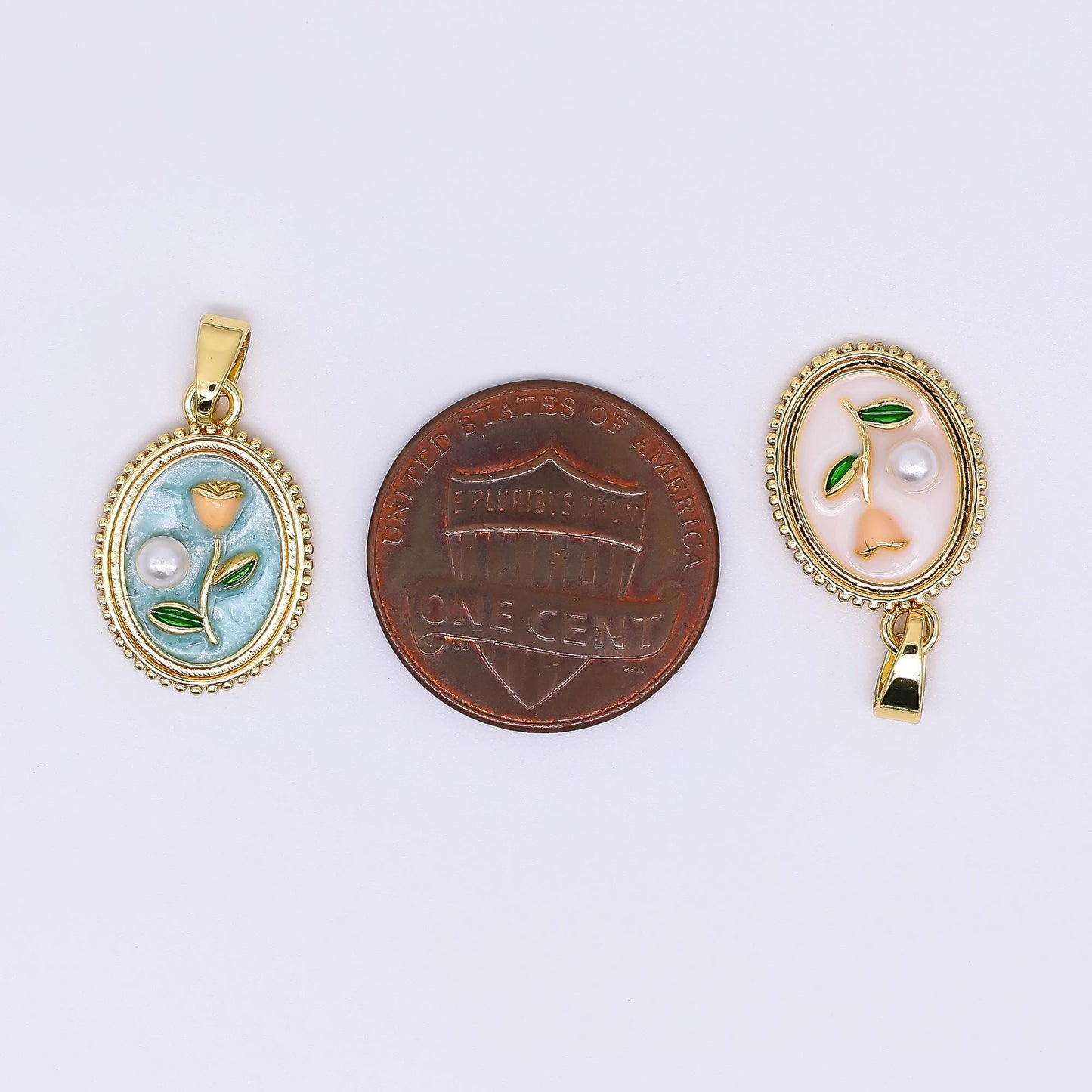 24K Gold Filled 12mm Enamel Art Shell Pearl Framed Vintage Style Flower Pendant in Blue, Pink, Purple & White | AH-506 AH-507