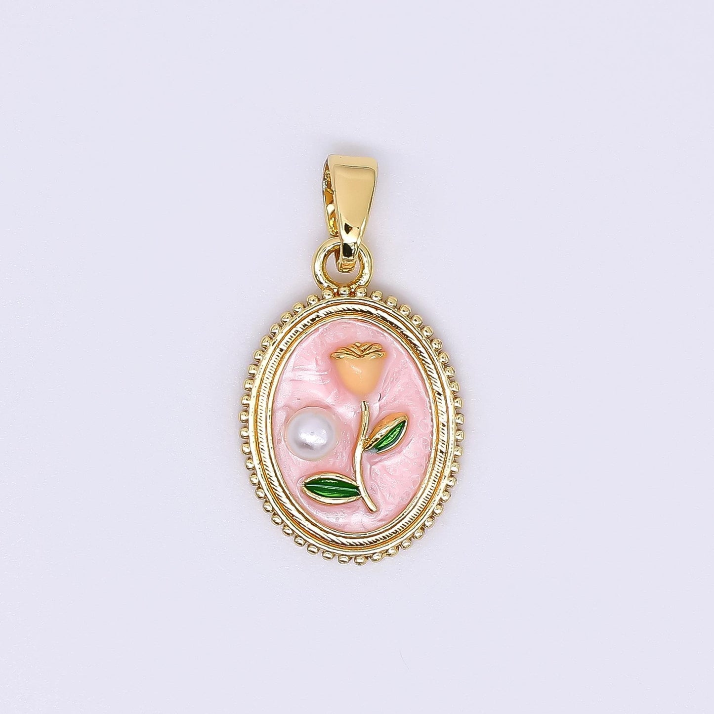 24K Gold Filled 12mm Enamel Art Shell Pearl Framed Vintage Style Flower Pendant in Blue, Pink, Purple & White | AH-506 AH-507