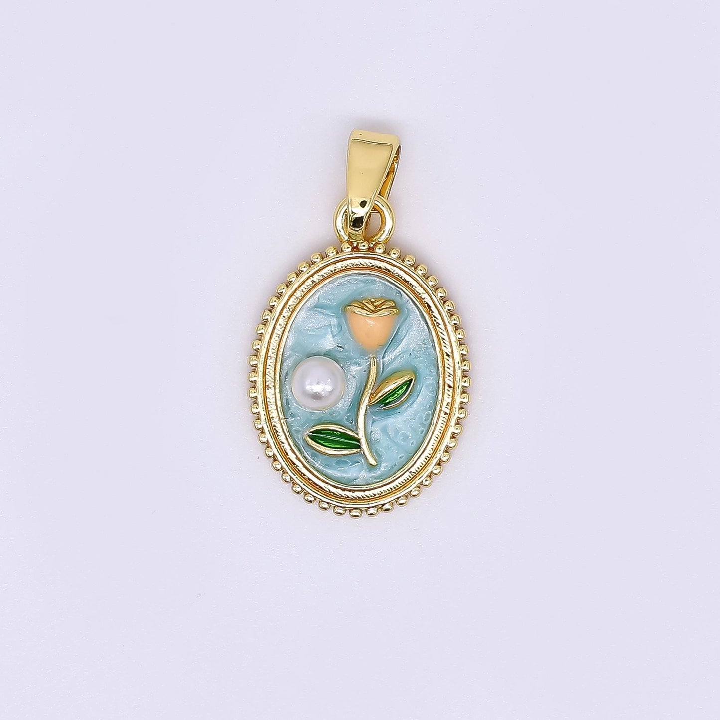 24K Gold Filled 12mm Enamel Art Shell Pearl Framed Vintage Style Flower Pendant in Blue, Pink, Purple & White | AH-506 AH-507