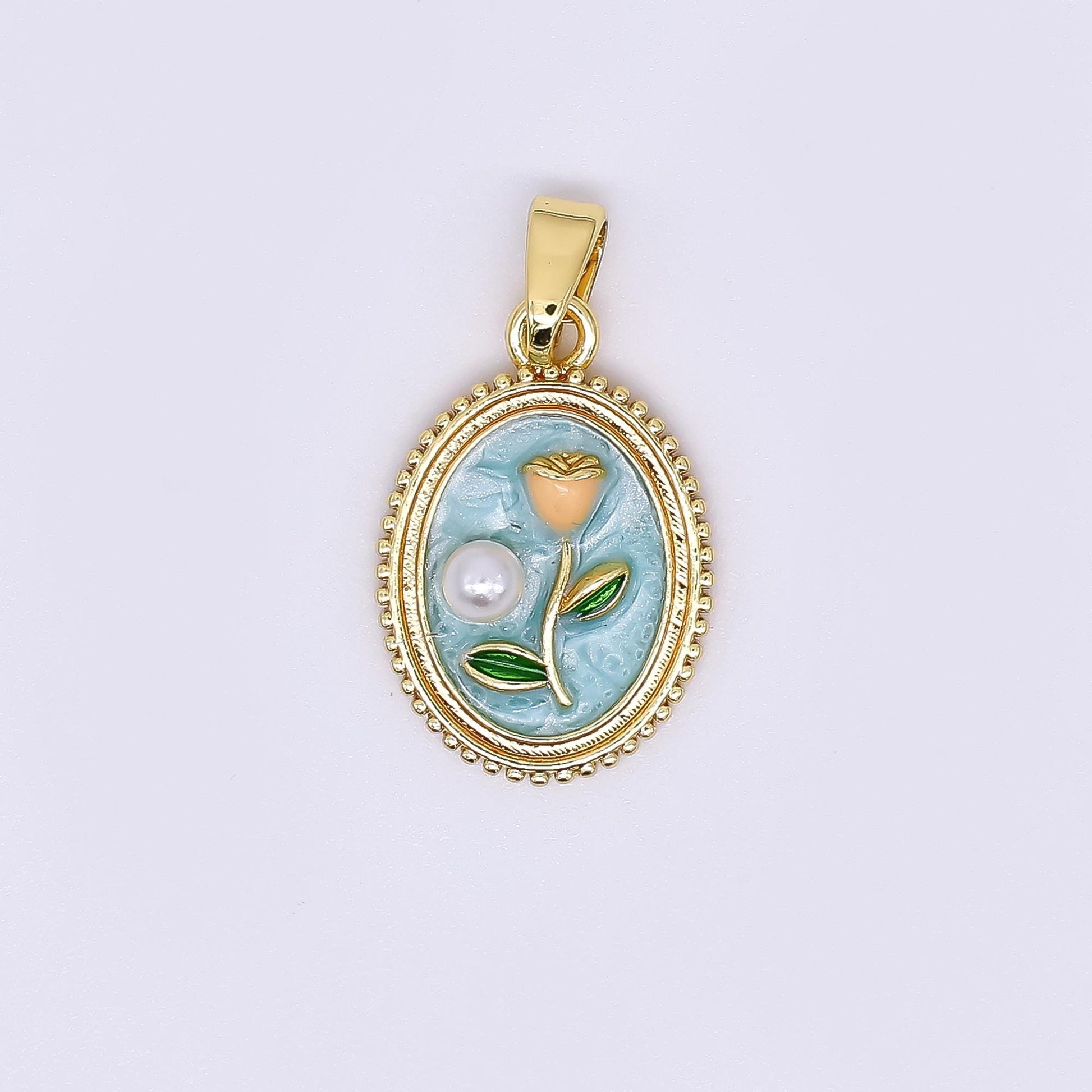 24K Gold Filled 12mm Enamel Art Shell Pearl Framed Vintage Style Flower Pendant in Blue, Pink, Purple & White | AH-506 AH-507