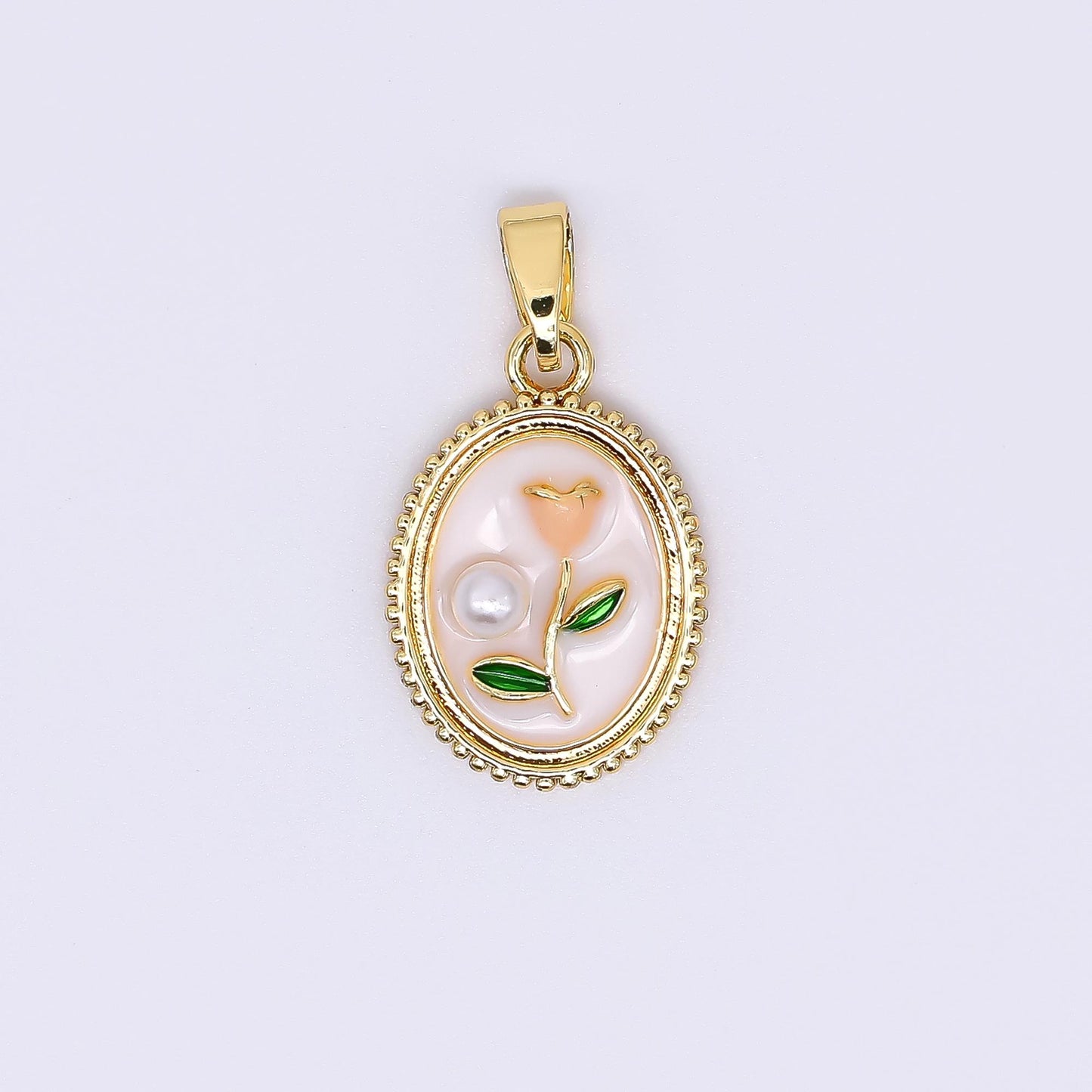 24K Gold Filled 12mm Enamel Art Shell Pearl Framed Vintage Style Flower Pendant in Blue, Pink, Purple & White | AH-506 AH-507