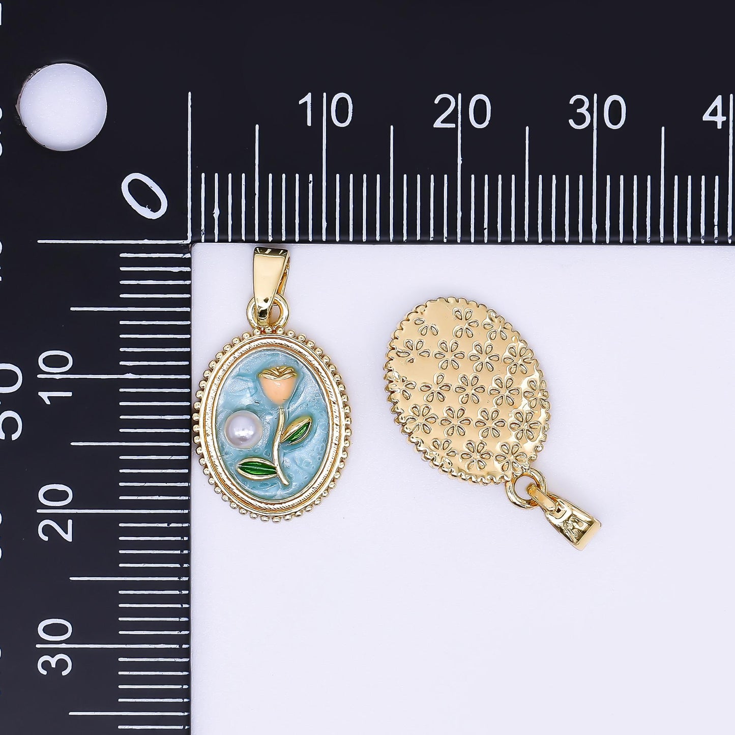 24K Gold Filled 12mm Enamel Art Shell Pearl Framed Vintage Style Flower Pendant in Blue, Pink, Purple & White | AH-506 AH-507