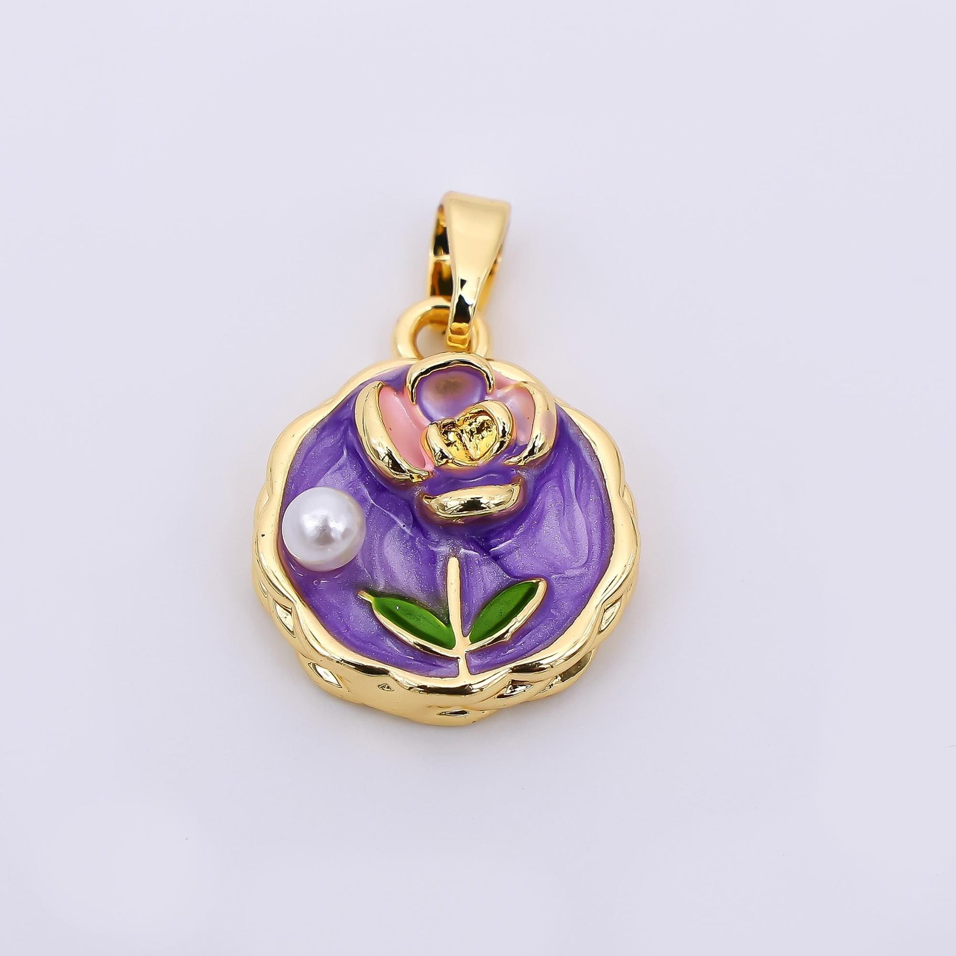 24K Gold Filled 16m White, Purple Shell Pearl Hand-Painted Enamel Rose Flower Coin Charm | AH511