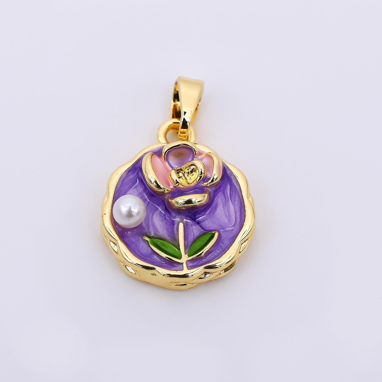 24K Gold Filled 16m White, Purple Shell Pearl Hand-Painted Enamel Rose Flower Coin Charm | AH511