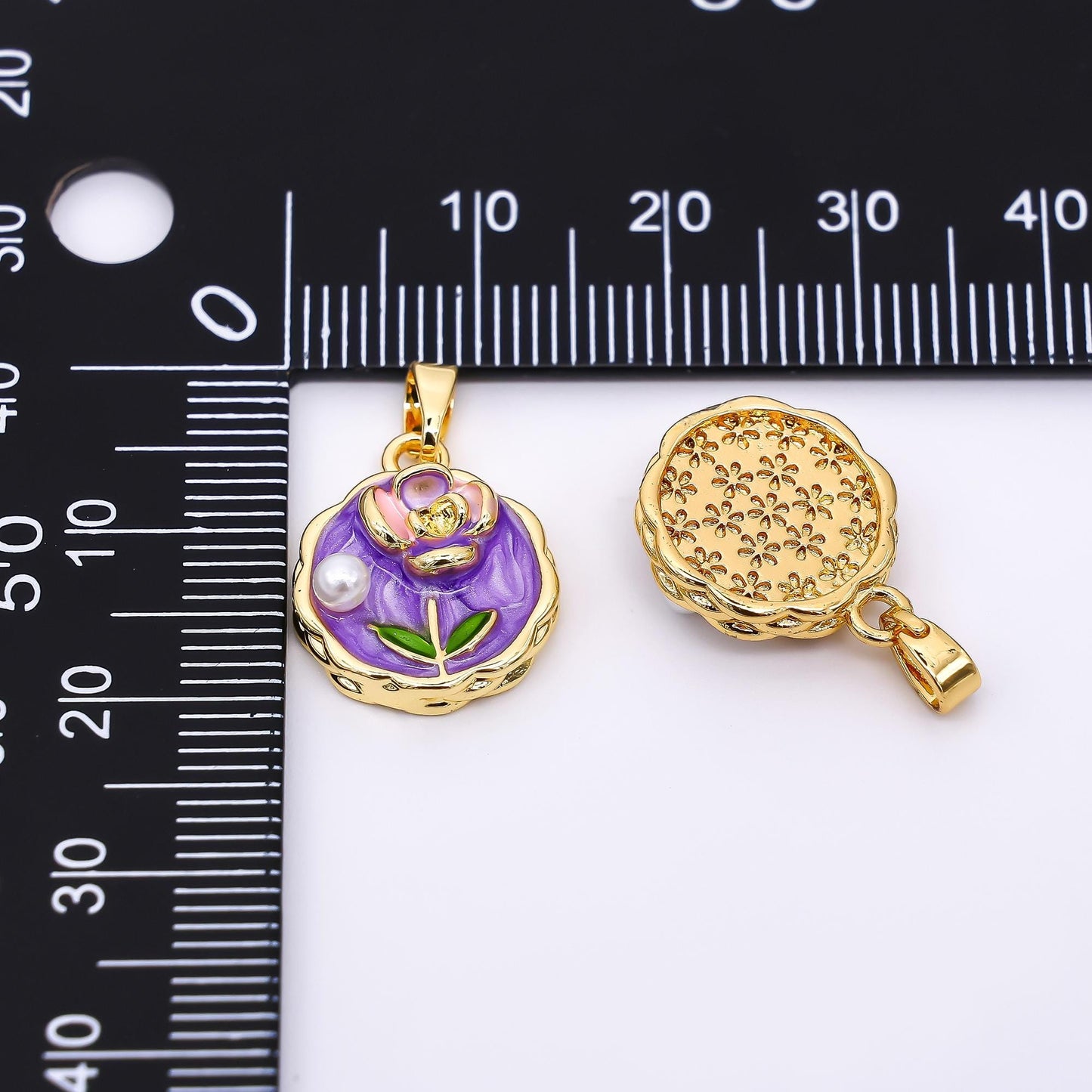 24K Gold Filled 16m White, Purple Shell Pearl Hand-Painted Enamel Rose Flower Coin Charm | AH511