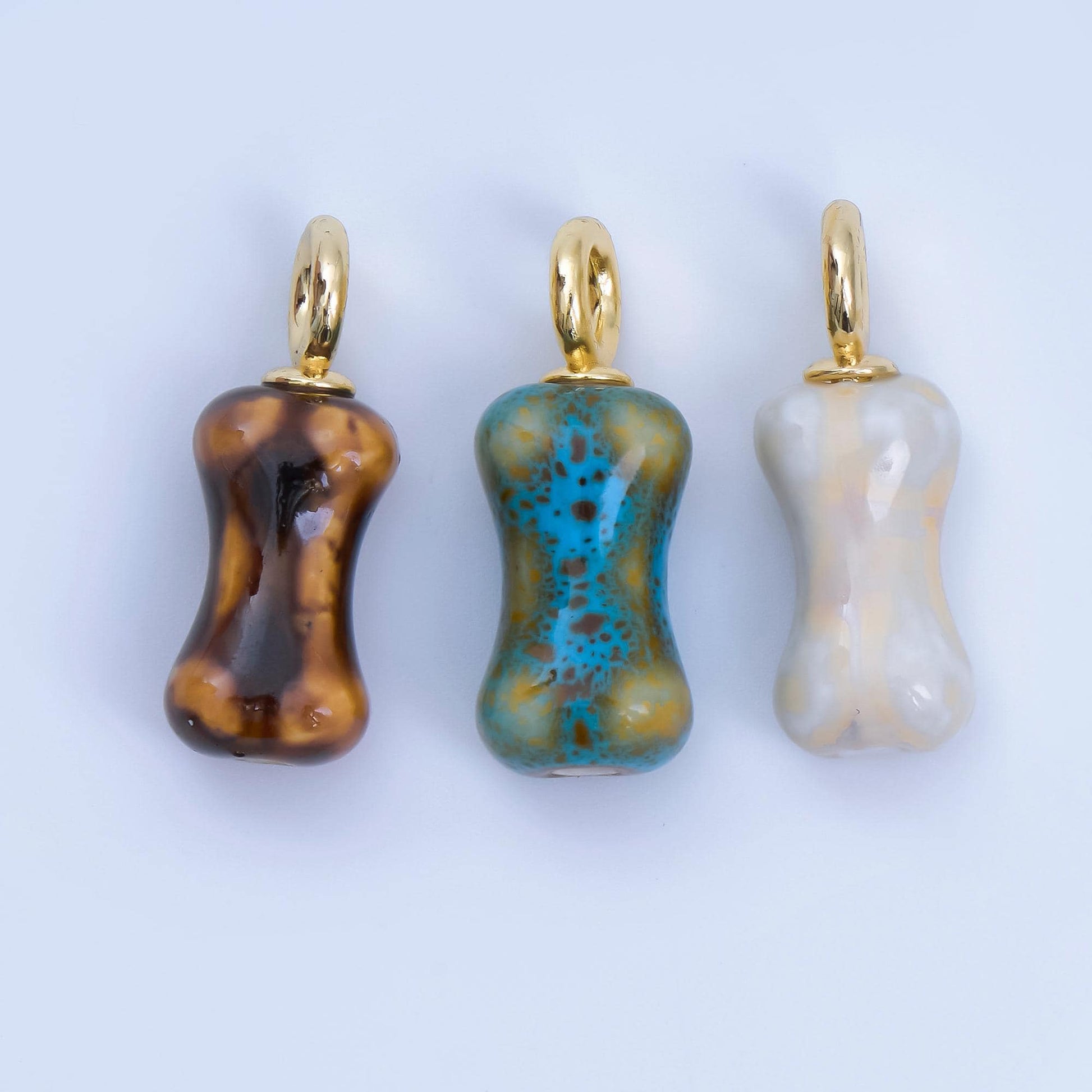 24K Gold Filled Blue, White, Brown Dog Bone Shaped Ceramic Drop Pendant | AF-1257