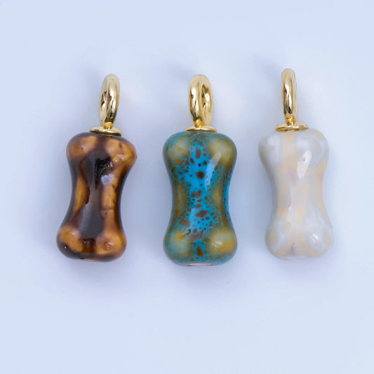 24K Gold Filled Blue, White, Brown Dog Bone Shaped Ceramic Drop Pendant | AF-1257