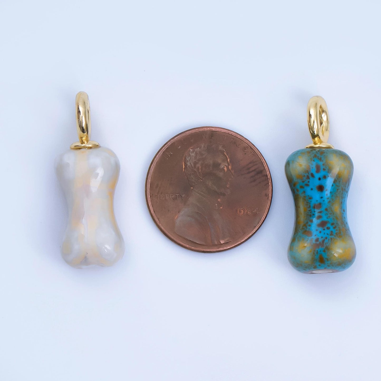 24K Gold Filled Blue, White, Brown Dog Bone Shaped Ceramic Drop Pendant | AF-1257