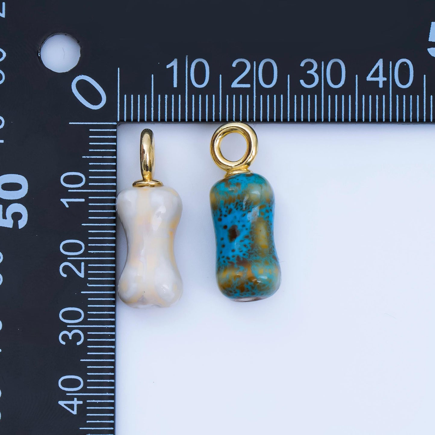 24K Gold Filled Blue, White, Brown Dog Bone Shaped Ceramic Drop Pendant | AF-1257