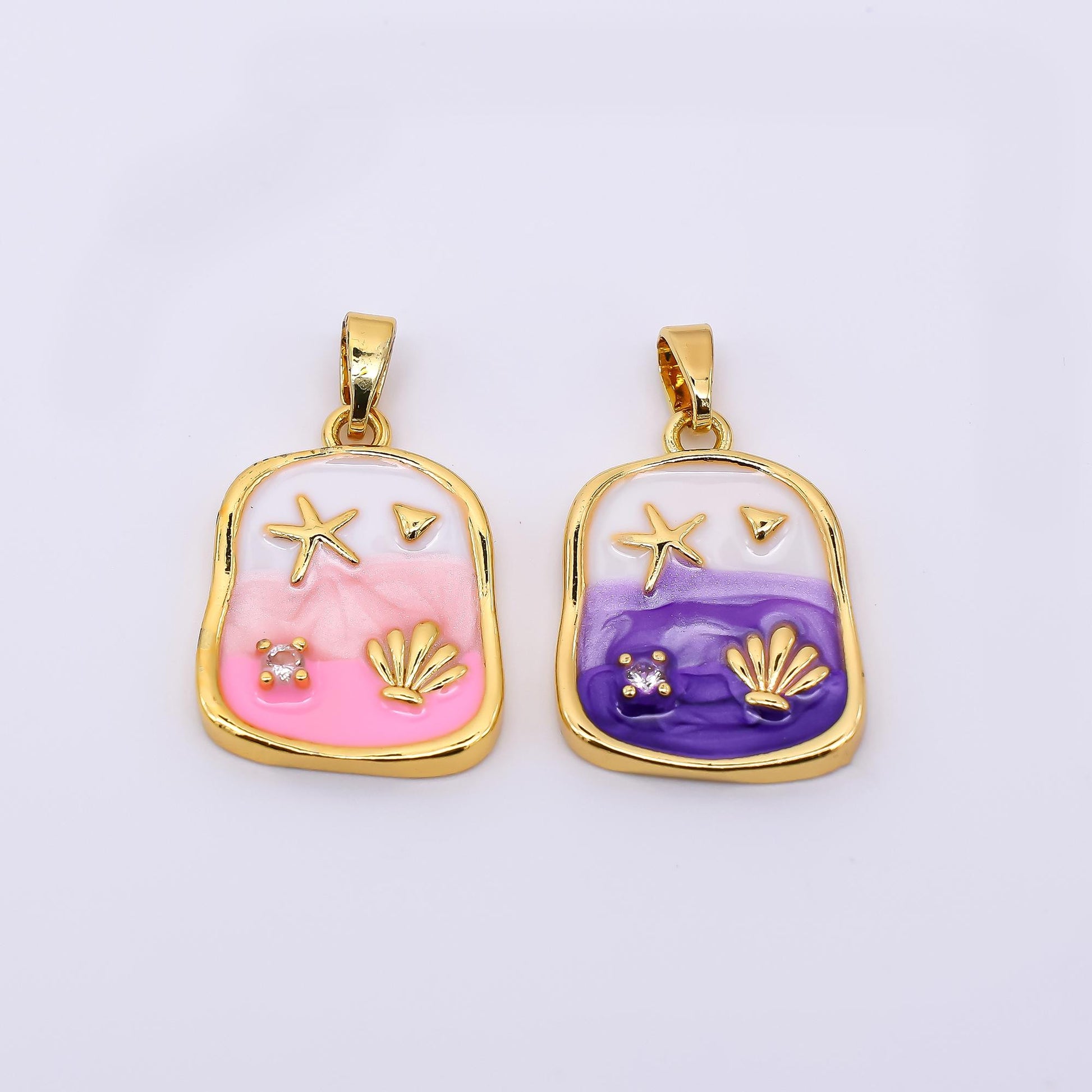 24K Gold Filled 19.5mm Round CZ Enamel Art Beach Theme Starfish with Seashell Pendant in Purple & Pink | AH-510