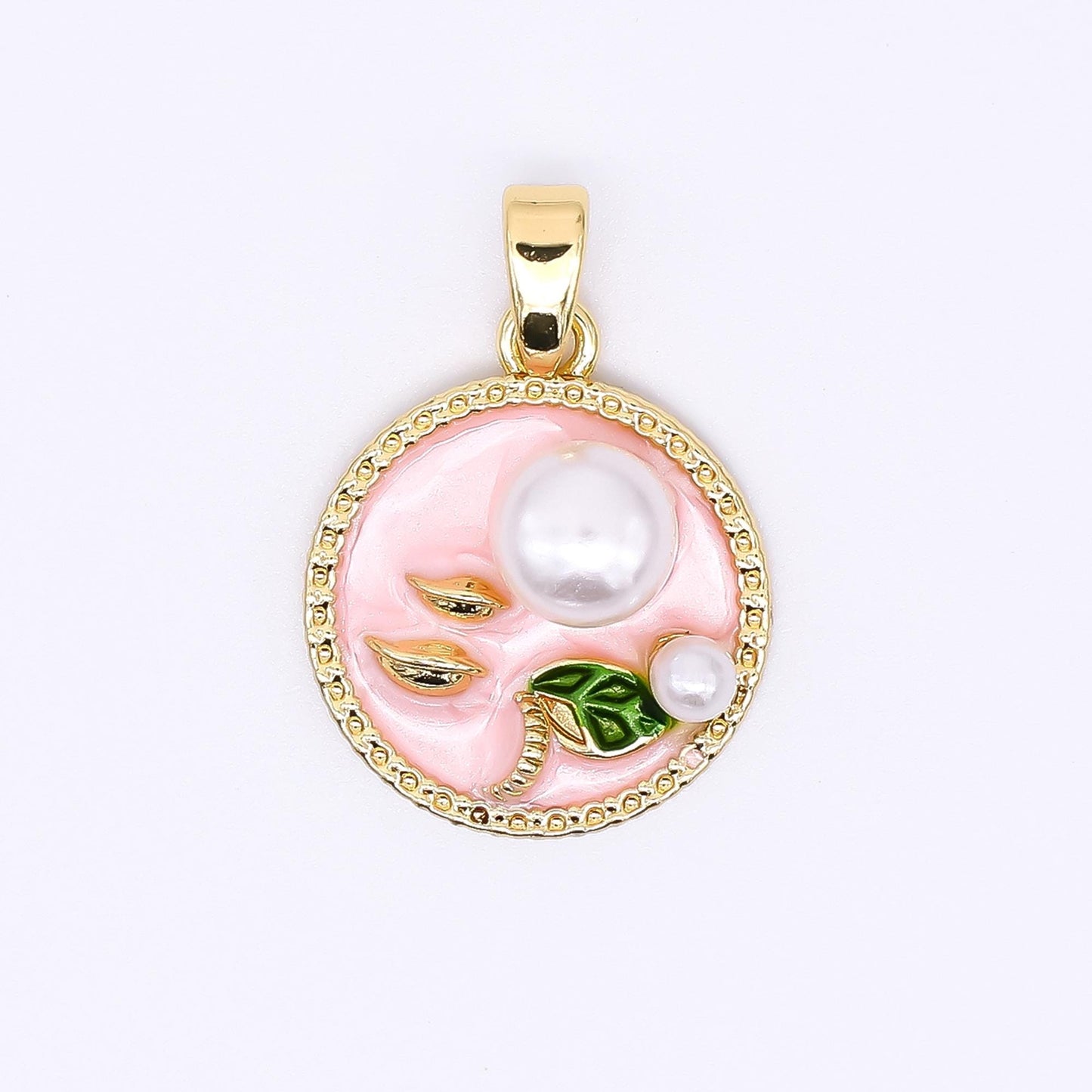 24K Gold Filled 17mm Enamel Art Shell Pearl Pearly Flowers Medallion Pendant in Green, Pink, & Purple | AH-508 AH-509