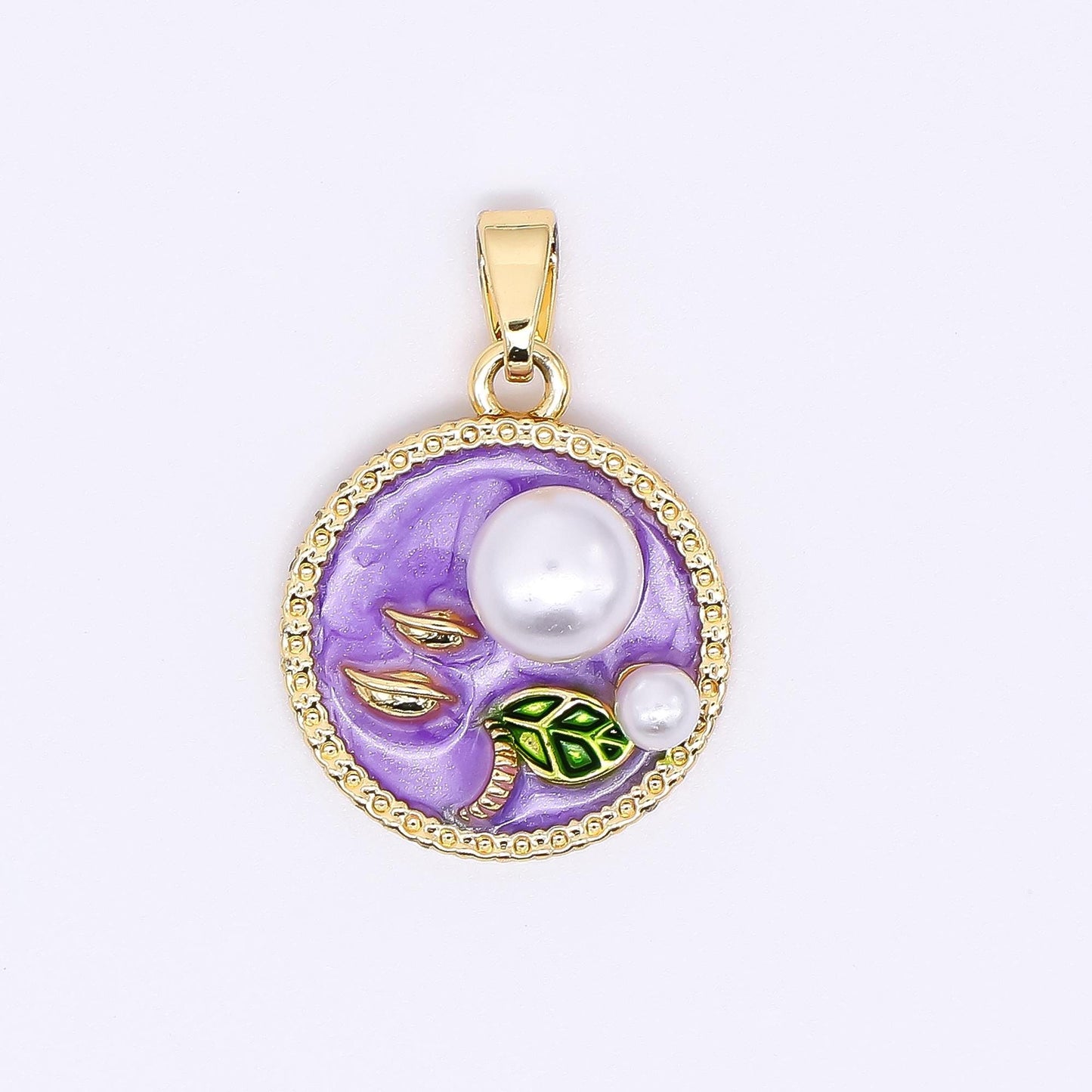 24K Gold Filled 17mm Enamel Art Shell Pearl Pearly Flowers Medallion Pendant in Green, Pink, & Purple | AH-508 AH-509