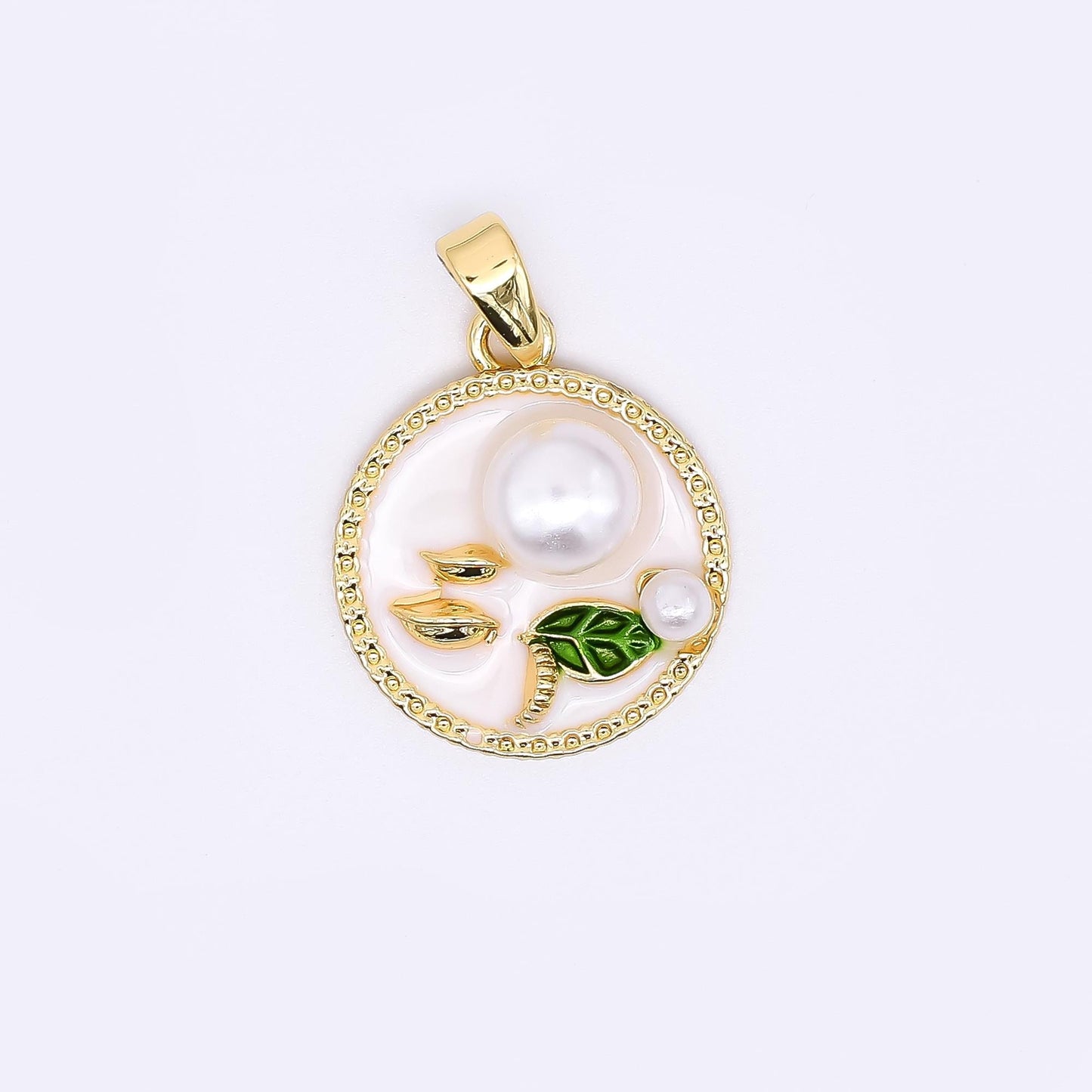 24K Gold Filled 17mm Enamel Art Shell Pearl Pearly Flowers Medallion Pendant in Green, Pink, & Purple | AH-508 AH-509