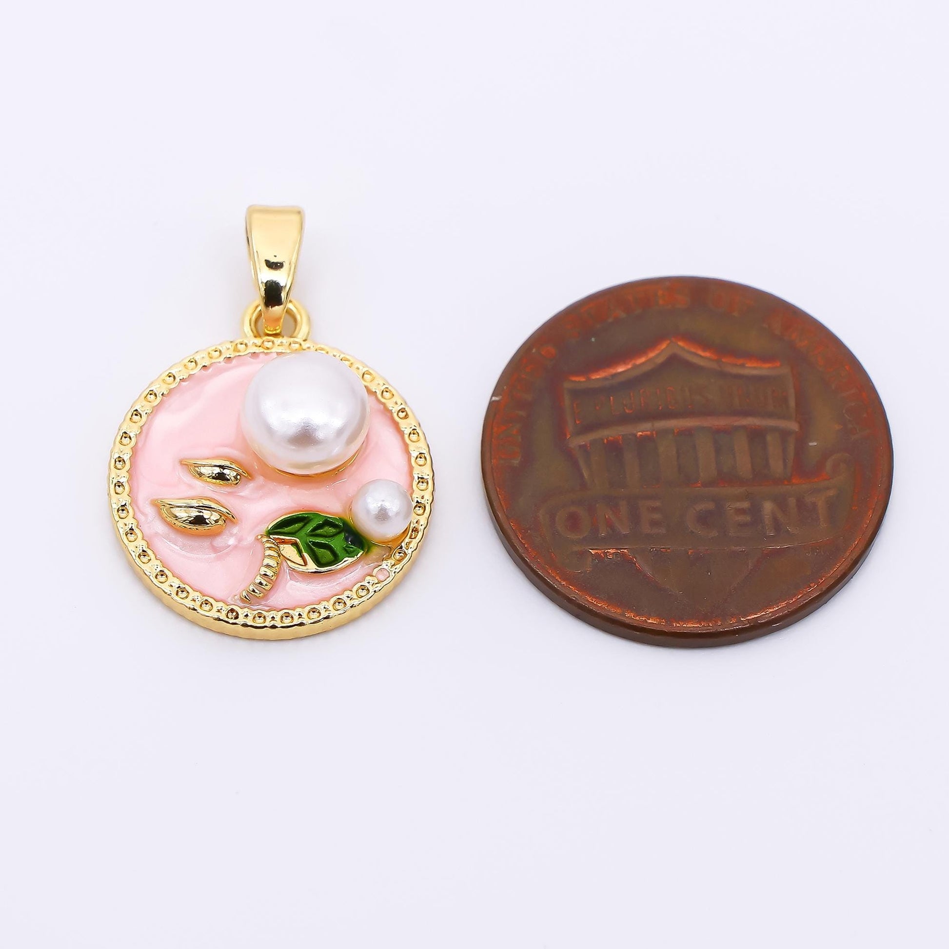 24K Gold Filled 17mm Enamel Art Shell Pearl Pearly Flowers Medallion Pendant in Green, Pink, & Purple | AH-508 AH-509