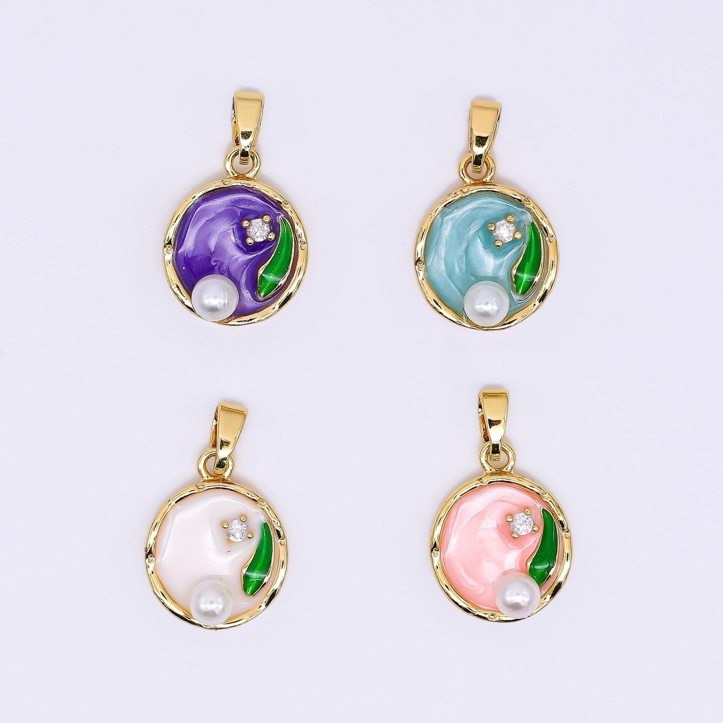 24K Gold Filled 15.5mm Round CZ Enamel Art Shell Pearl Fish Pond Medallion Pendant in Green, Pink, & Purple | AH-504 AH-505