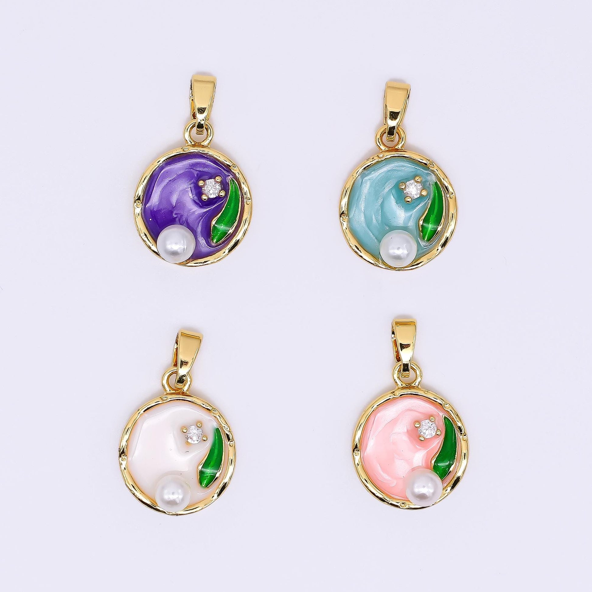 24K Gold Filled 15.5mm Round CZ Enamel Art Shell Pearl Fish Pond Medallion Pendant in Green, Pink, & Purple | AH-504 AH-505
