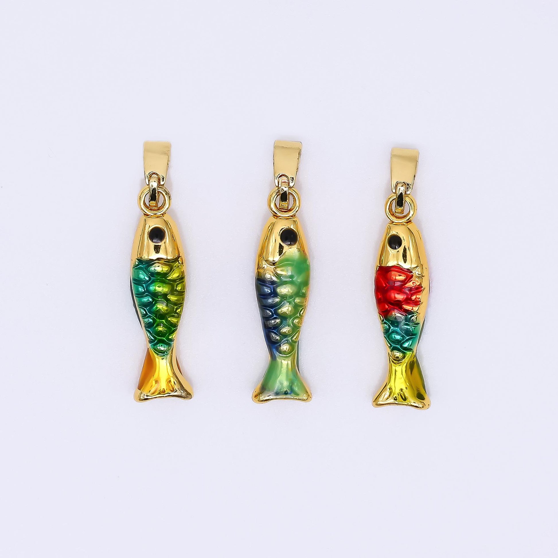 24K Gold Filled 20mm Black Round CZ Enamel Art Ocean Fish Animal Dainty Pendant in Green, Red, & Blue | AH-512 AH-513